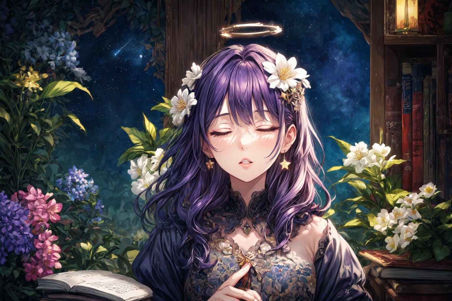 Official Art, Unity 8K Wallpaper, Extreme Detailed, Beautiful and Aesthetic, Masterpiece, Top Quality, perfect anatomy, 

1girl, solo, long hair, bangs, hair ornament, dress, jewelry, closed eyes, upper body, purple hair, flower, earrings, parted lips, hair flower, head tilt, book, eyelashes, makeup, halo, white flower, crescent, facing viewer, book stack, hyacinth, star_(sky), 

a beautifully drawn (((ink illustration))) depicting, vintage, RED and INDIGO accents, watercolor painting, concept art, (best illustration), (best shadow), Analog Color Theme, vivid colours, contrast, smooth, sharp focus, scenery, 

(Pencil_Sketch:1.2,masterpiece, midjourney, best quality, incredibly absurdres, messy lines,high detail eyes,More Detail,perfect light,portrait, 