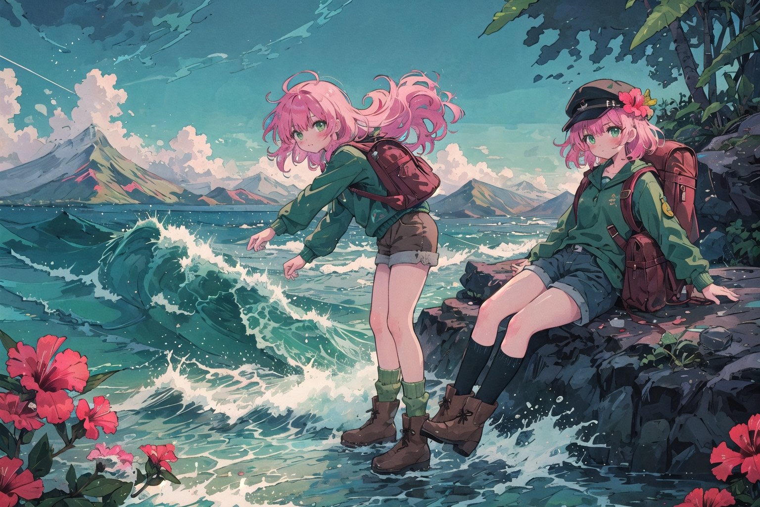 Leilani, Hawaii, hibiscus flowers, waves, Individual combat, Ocean tone, seawater, salt, seaweed, lemon, green leaves, longbow, monocular telescope, 1girl, solo, long hair, shirt, long sleeves, hat, green eyes, pink hair, boots, sky, shorts, socks, bag, brown footwear, backpack, mountain, green shorts, green socks,masterpiece