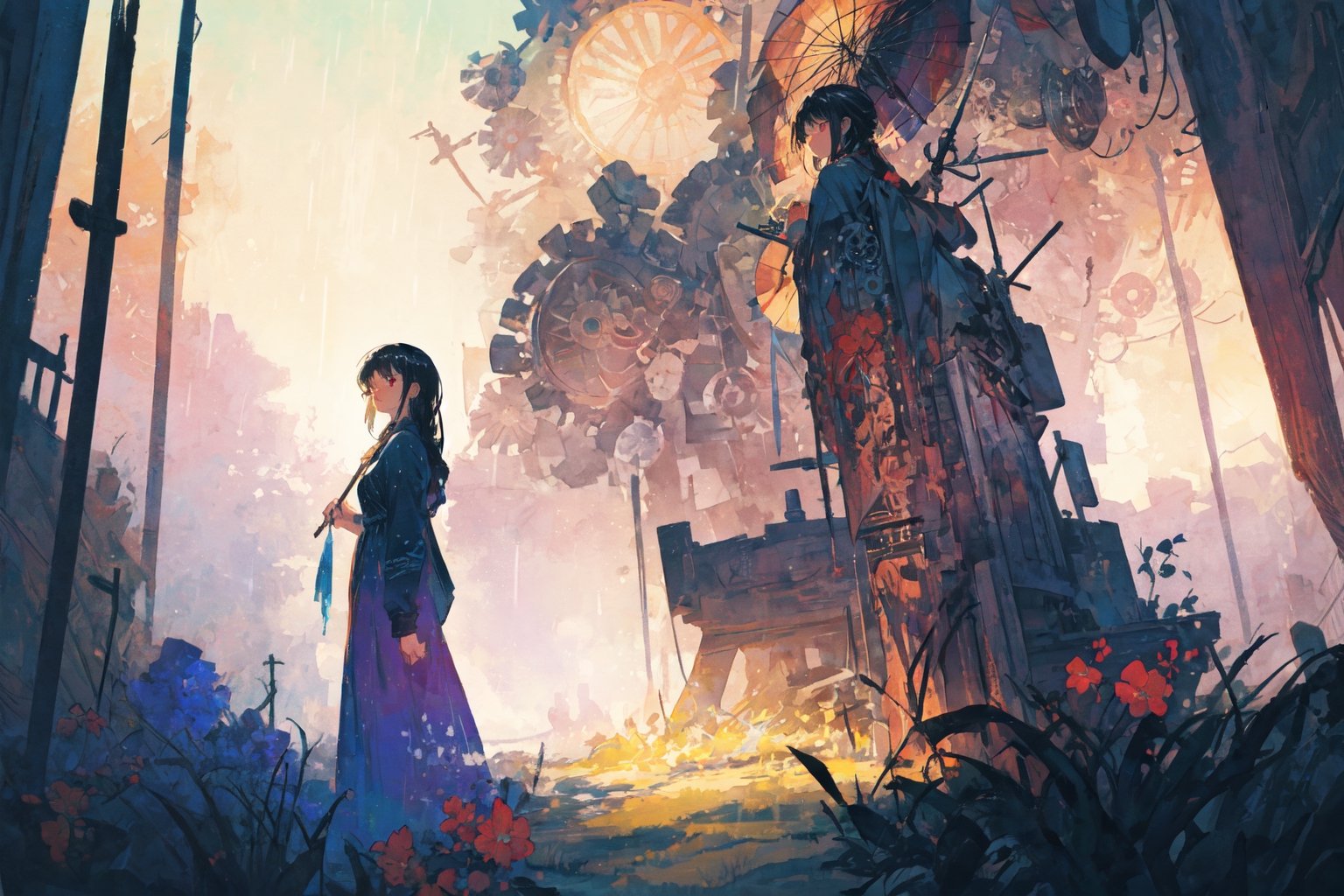 Official Art, Unity 8K Wallpaper, Extreme Detailed, Beautiful and Aesthetic, Masterpiece, Top Quality, perfect anatomy, 

1girl, solo, long hair, looking at viewer, black hair, red eyes, jewelry, flower, umbrella, gears, indigo theme, plateau, rainy day, fog,

a beautifully drawn (((ink illustration))) depicting, vintage, purple and yellow accents, watercolor painting, concept art, (best illustration), (best shadow), Analog Color Theme, vivid colours, contrast, smooth, sharp focus, scenery, 

(Pencil_Sketch:1.2,masterpiece, midjourney, best quality, incredibly absurdres, messy lines,high detail eyes,More Detail,perfect light,portrait, 