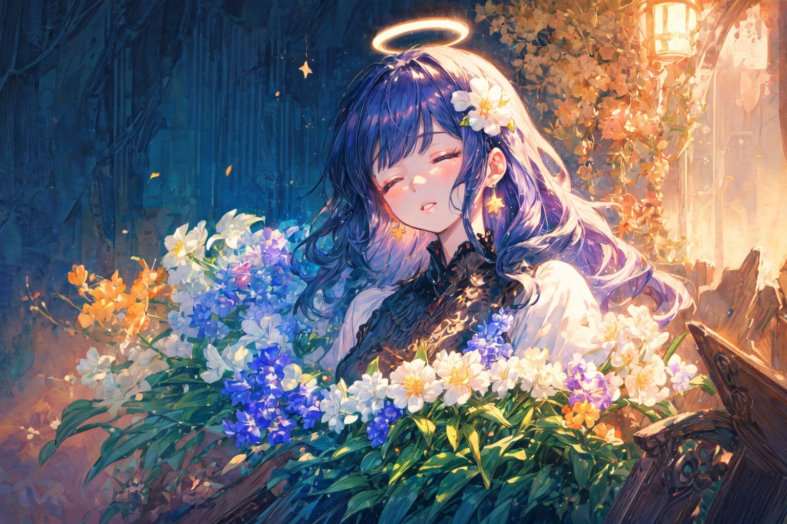 Official Art, Unity 8K Wallpaper, Extreme Detailed, Beautiful and Aesthetic, Masterpiece, Top Quality, perfect anatomy, 

1girl, solo, long hair, bangs, hair ornament, dress, jewelry, closed eyes, upper body, purple hair, flower, earrings, parted lips, hair flower, head tilt, book, eyelashes, makeup, halo, white flower, crescent, facing viewer, book stack, hyacinth, star_(sky), 

a beautifully drawn (((ink illustration))) depicting, vintage, RED and INDIGO accents, watercolor painting, concept art, (best illustration), (best shadow), Analog Color Theme, vivid colours, contrast, smooth, sharp focus, scenery, 

(Pencil_Sketch:1.2,masterpiece, midjourney, best quality, incredibly absurdres, messy lines,high detail eyes,More Detail,perfect light,portrait, 