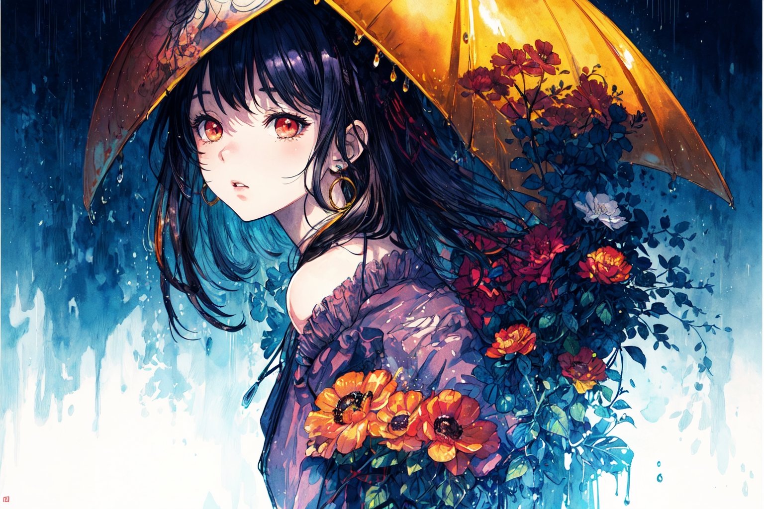 Official Art, Unity 8K Wallpaper, Extreme Detailed, Beautiful and Aesthetic, Masterpiece, Top Quality, perfect anatomy, 

1girl, solo, long hair, looking at viewer, black hair, red eyes, jewelry, flower, umbrella, gears, indigo theme, plateau, rainy day, fog,

a beautifully drawn (((ink illustration))) depicting, vintage, purple and yellow accents, watercolor painting, concept art, (best illustration), (best shadow), Analog Color Theme, vivid colours, contrast, smooth, sharp focus, scenery, 

(Pencil_Sketch:1.2,masterpiece, midjourney, best quality, incredibly absurdres, messy lines,high detail eyes,More Detail,perfect light,portrait, 