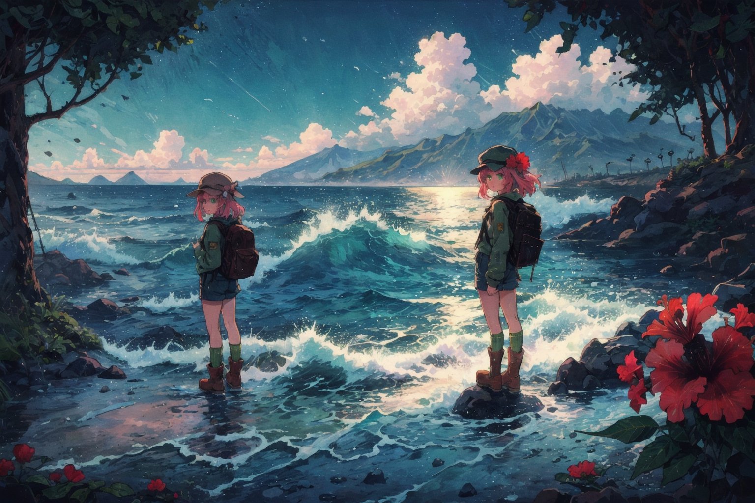 Leilani, Hawaii, hibiscus flowers, waves, Individual combat, Ocean tone, seawater, salt, seaweed, lemon, green leaves, longbow, monocular telescope, 1girl, solo, long hair, shirt, long sleeves, hat, green eyes, pink hair, boots, sky, shorts, socks, bag, brown footwear, backpack, mountain, green shorts, green socks,(masterpiece