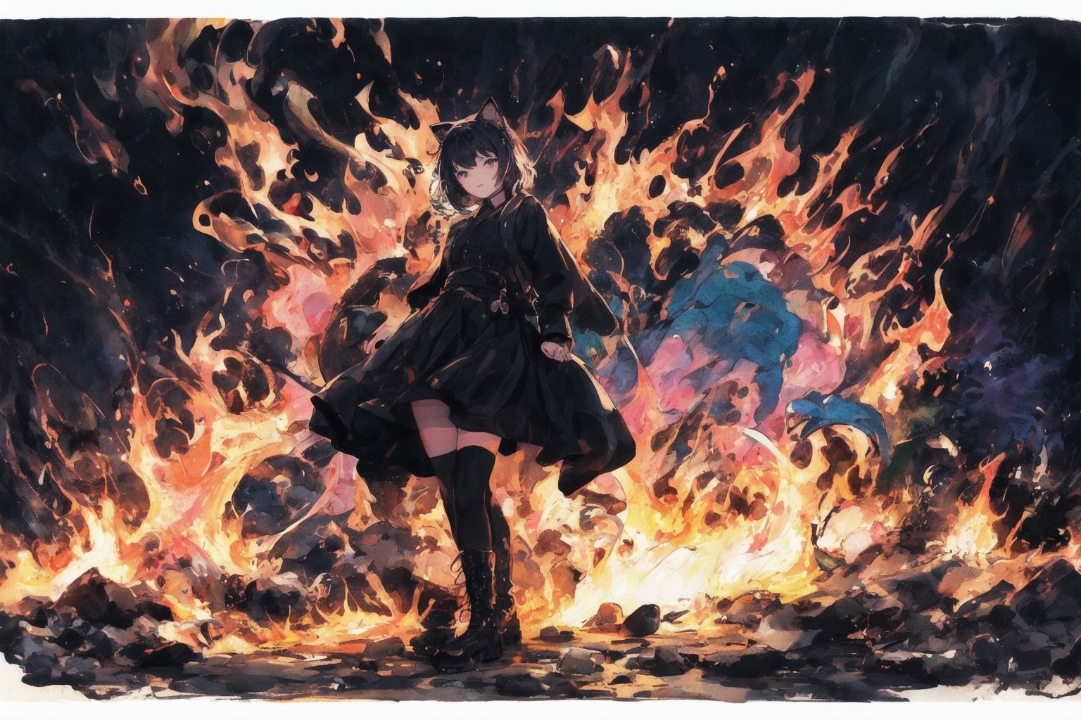 Official Art, Unity 8K Wallpaper, Extreme Detailed, Beautiful and Aesthetic, Masterpiece, Top Quality, perfect anatomy, 

1girl, solo, looking at viewer, short hair, bangs, blue eyes, black hair, thighhighs, long sleeves, dress, animal ears, standing, jacket, tail, full body, boots, black thighhighs, cat ears, black footwear, black dress, cat tail, hand on hip, shadow, pink theme, blue jacket, flames, 

a beautifully drawn (((ink illustration))) depicting, vintage, purple and yellow accents, watercolor painting, concept art, (best illustration), (best shadow), Analog Color Theme, vivid colours, contrast, smooth, sharp focus, scenery, 

(Pencil_Sketch:1.2,masterpiece, midjourney, best quality, incredibly absurdres, messy lines,high detail eyes,More Detail,perfect light,portrait, ,more detail XL,Ukiyo-e, ,ink