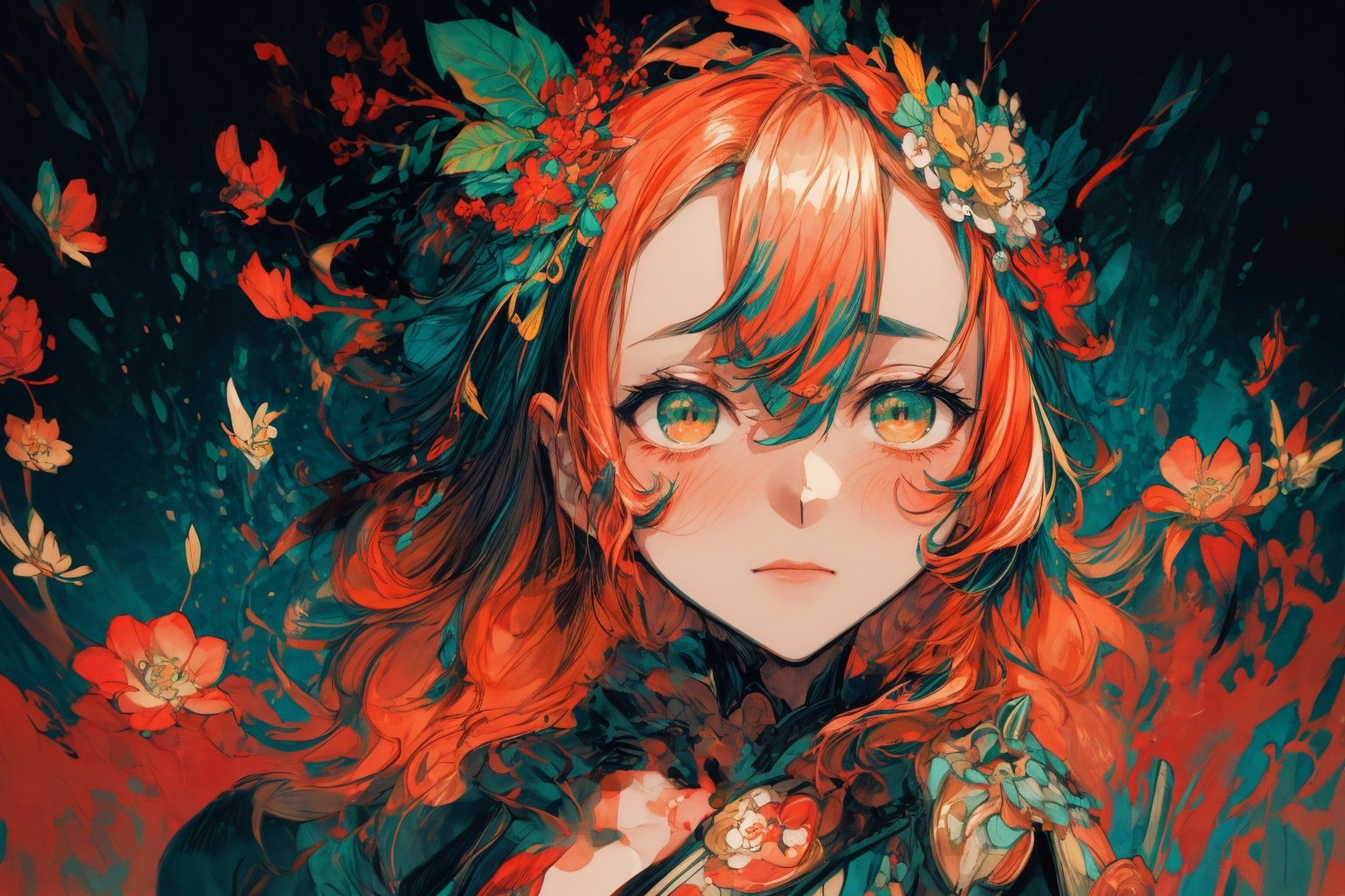 Official Art, Unity 8K Wallpaper, Extreme Detailed, Beautiful and Aesthetic, Masterpiece, Top Quality, perfect anatomy, 

woman, flower dress, colorful, dark background,flower armor,green theme,exposure blend, medium shot, bokeh, (hdr:1.4), high contrast, (cinematic, teal and orange:0.85), (muted colors, dim colors, soothing tones:1.3), low saturation,

a beautifully drawn (((ink illustration))) depicting, vintage, orange and teal accents, watercolor painting, concept art, (best illustration), (best shadow), Analog Color Theme, vivid colours, contrast, smooth, sharp focus, scenery, 

(Pencil_Sketch:1.2,masterpiece, midjourney, best quality, incredibly absurdres, messy lines,high detail eyes,More Detail,perfect light,portrait, ,more detail XL,Ukiyo-e