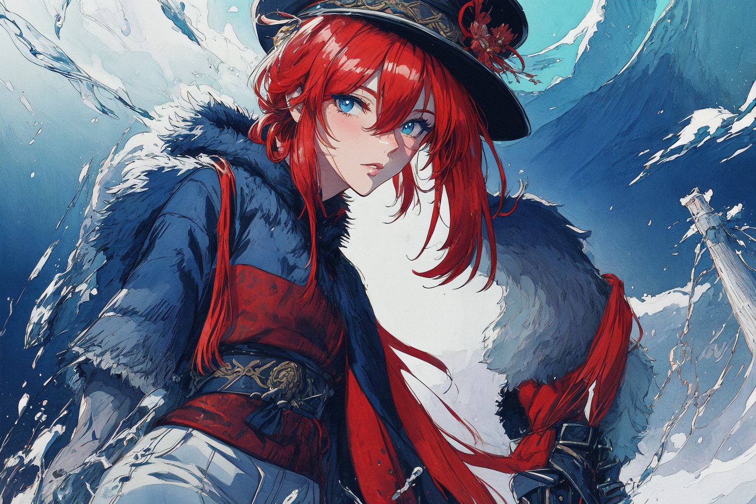 Official Art, Unity 8K Wallpaper, Extreme Detailed, Beautiful and Aesthetic, Masterpiece, Top Quality, perfect anatomy, 

1girl, solo, very long hair, bangs, blue eyes, skirt, indigo vest, long sleeves, hat, red hair, cape, hair over one eye, fur trim, indigo headwear, heterochromia, red cloak, fur-trimmed cloak, white shirt, boots, white pants, chinese clothes, bird, Tula Province, Russian Empire,
Source of life, sparkling stars, water feeder, aquatic tune, ginger, ice water, geranium, oak, impurity glass bottle, tweed cloak, Claret homemade equestrian skirt, Plateau lakes, snow mountains

a beautifully drawn (((ink illustration))) depicting, vintage, Claret and navy blue accents, watercolor painting, concept art, (best illustration), (best shadow), Analog Color Theme, vivid colours, contrast, smooth, sharp focus, scenery, 

(Pencil_Sketch:1.2,masterpiece, midjourney, best quality, incredibly absurdres, messy lines,high detail eyes,More Detail,perfect light,portrait, ,more detail XL,Ukiyo-e, ,ink,colorful,samurai