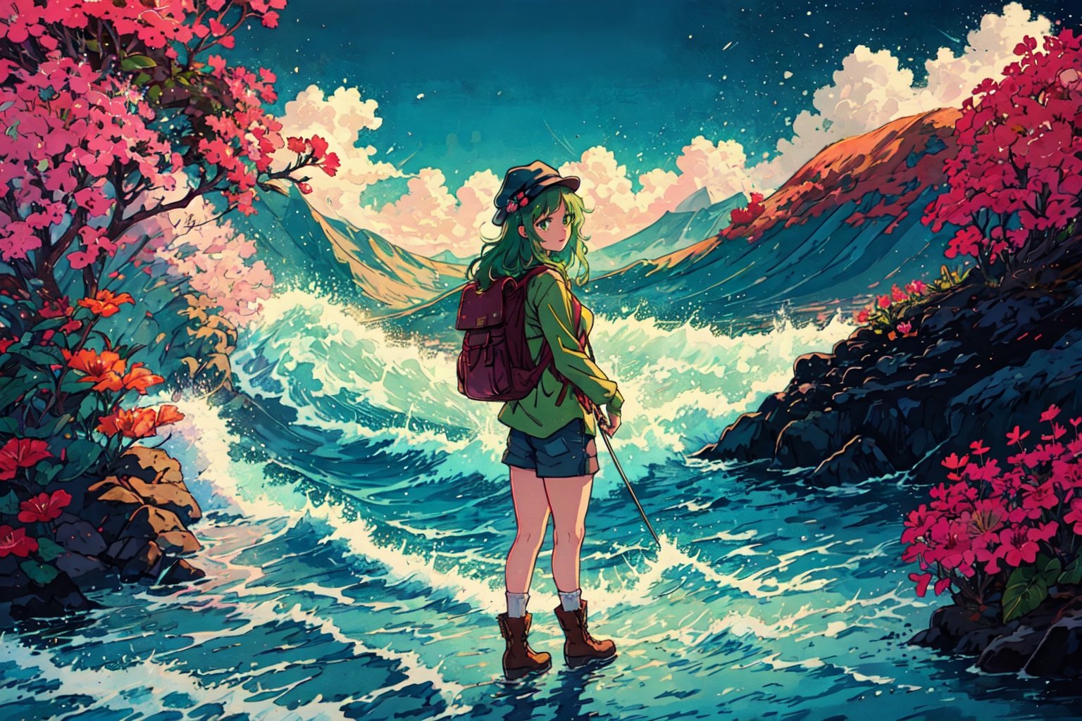 Leilani, Hawaii, hibiscus flowers, waves, Individual combat, Ocean tone, seawater, salt, seaweed, lemon, green leaves, longbow, monocular telescope, 1girl, solo, long hair, shirt, long sleeves, hat, green eyes, pink hair, boots, sky, shorts, socks, bag, brown footwear, backpack, mountain, green shorts, green socks,masterpiece