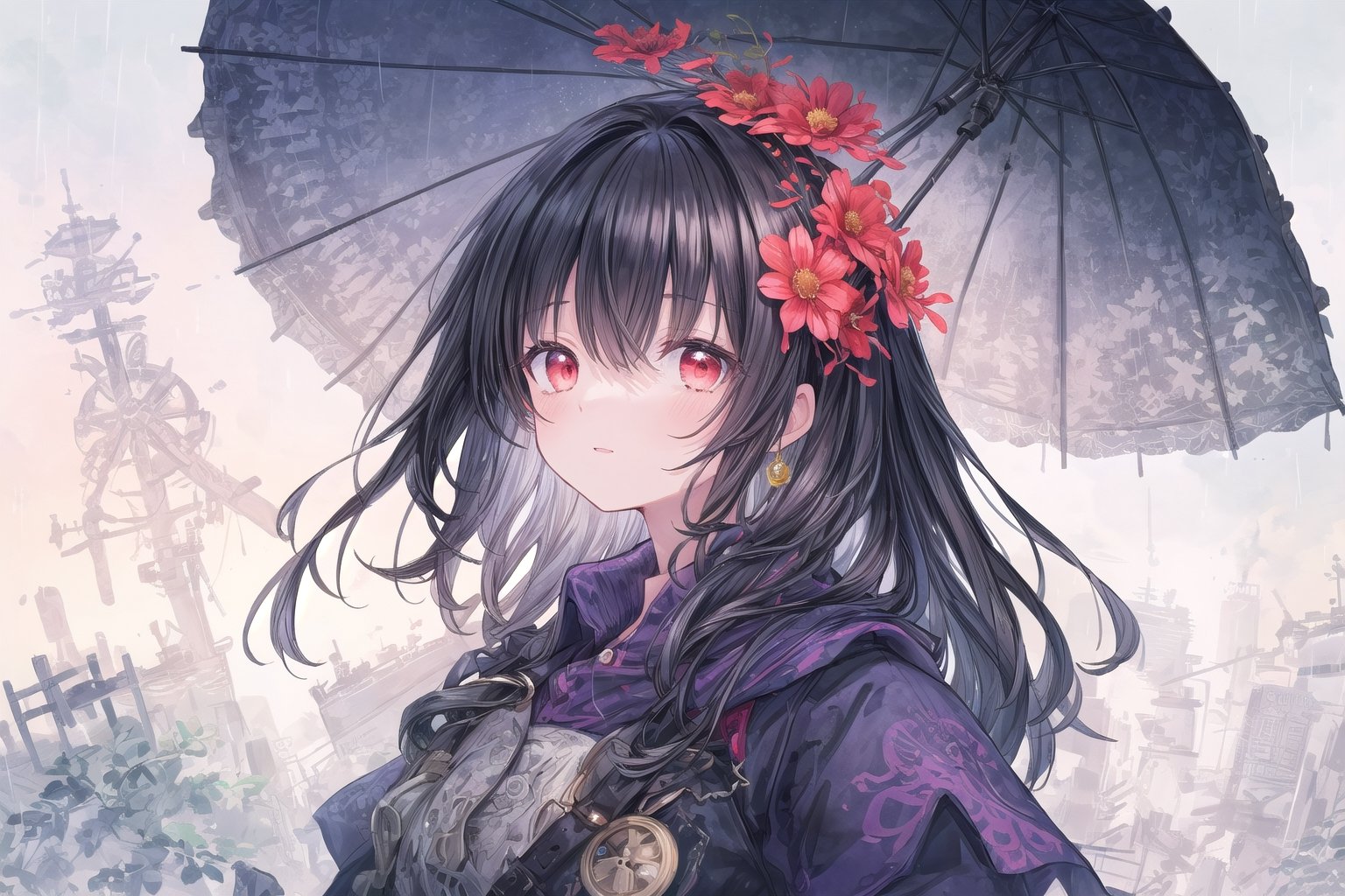 Official Art, Unity 8K Wallpaper, Extreme Detailed, Beautiful and Aesthetic, Masterpiece, Top Quality, perfect anatomy, 

1girl, solo, long hair, looking at viewer, black hair, red eyes, jewelry, flower, umbrella, gears, indigo theme, plateau, rainy day, fog,

a beautifully drawn (((ink illustration))) depicting, vintage, purple and yellow accents, watercolor painting, concept art, (best illustration), (best shadow), Analog Color Theme, vivid colours, contrast, smooth, sharp focus, scenery, 

(Pencil_Sketch:1.2,masterpiece, midjourney, best quality, incredibly absurdres, messy lines,high detail eyes,More Detail,perfect light,portrait, 