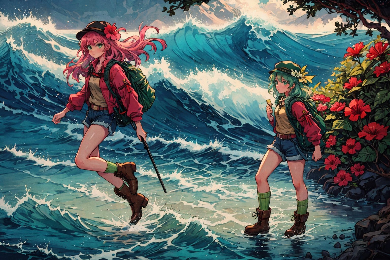 Leilani, Hawaii, hibiscus flowers, waves, Individual combat, Ocean tone, seawater, salt, seaweed, lemon, green leaves, longbow, monocular telescope, 1girl, solo, long hair, shirt, long sleeves, hat, green eyes, pink hair, boots, sky, shorts, socks, bag, brown footwear, backpack, mountain, green shorts, green socks,(masterpiece