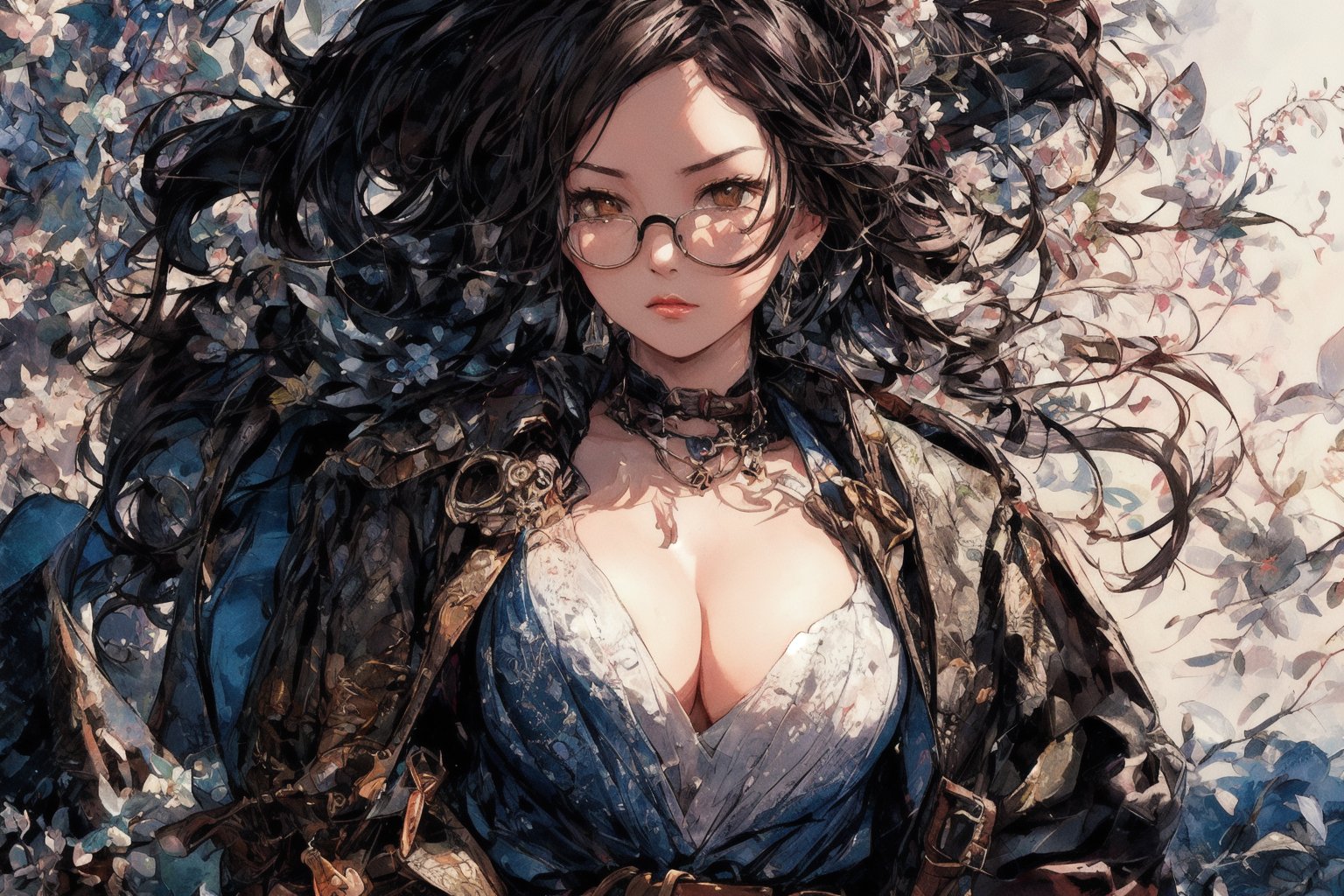 Official Art, Unity 8K Wallpaper, Extreme Detailed, Beautiful and Aesthetic, Masterpiece, Top Quality, perfect anatomy, 

1girl, solo, long hair, large breasts, brown hair, hair ornament, long sleeves, cleavage, brown eyes, jewelry, ponytail, earrings, open clothes, dark brown gloves, belt, fingerless gloves, open jacket, magenta dress, sunglasses, cropped jacket, eyewear removed, Desert flannel, velvet flower, gigolo, floral notes, desert rose, benzoin, ebony, Melbourne, electronic pet machine, dark brown leather motorcycle jacket, silver-plated friendship necklace, megaphone, outdoors, 

a beautifully drawn (((ink illustration))) depicting, vintage, indigo and pink accents, watercolor painting, concept art, (best illustration), (best shadow), Analog Color Theme, vivid colours, contrast, smooth, sharp focus, scenery, 

(Pencil_Sketch:1.2,masterpiece, midjourney, best quality, incredibly absurdres, messy lines,high detail eyes,More Detail,perfect light,portrait, ,more detail XL,Ukiyo-e, ,ink,colorful,