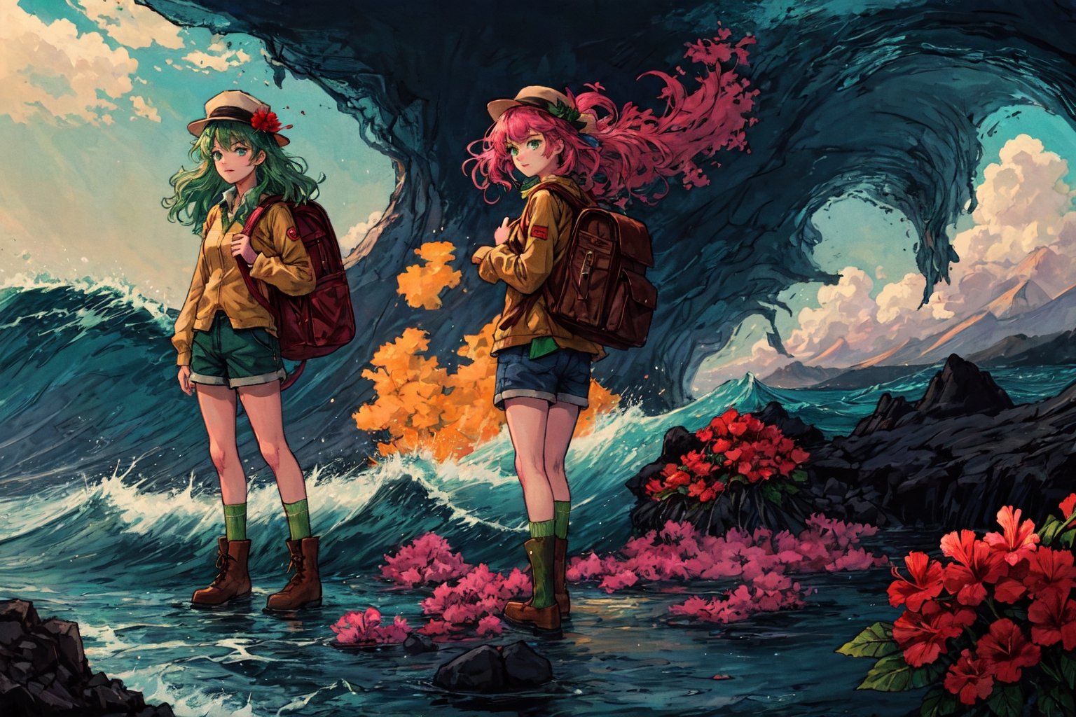 Leilani, Hawaii, hibiscus flowers, waves, Individual combat, Ocean tone, seawater, salt, seaweed, lemon, green leaves, longbow, monocular telescope, 1girl, solo, long hair, shirt, long sleeves, hat, green eyes, pink hair, boots, sky, shorts, socks, bag, brown footwear, backpack, mountain, green shorts, green socks,(masterpiece