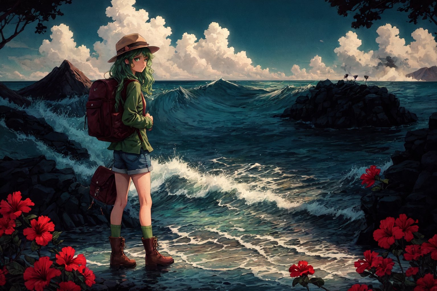 Leilani, Hawaii, hibiscus flowers, waves, Individual combat, Ocean tone, seawater, salt, seaweed, lemon, green leaves, longbow, monocular telescope, 1girl, solo, long hair, shirt, long sleeves, hat, green eyes, pink hair, boots, sky, shorts, socks, bag, brown footwear, backpack, mountain, green shorts, green socks,(masterpiece