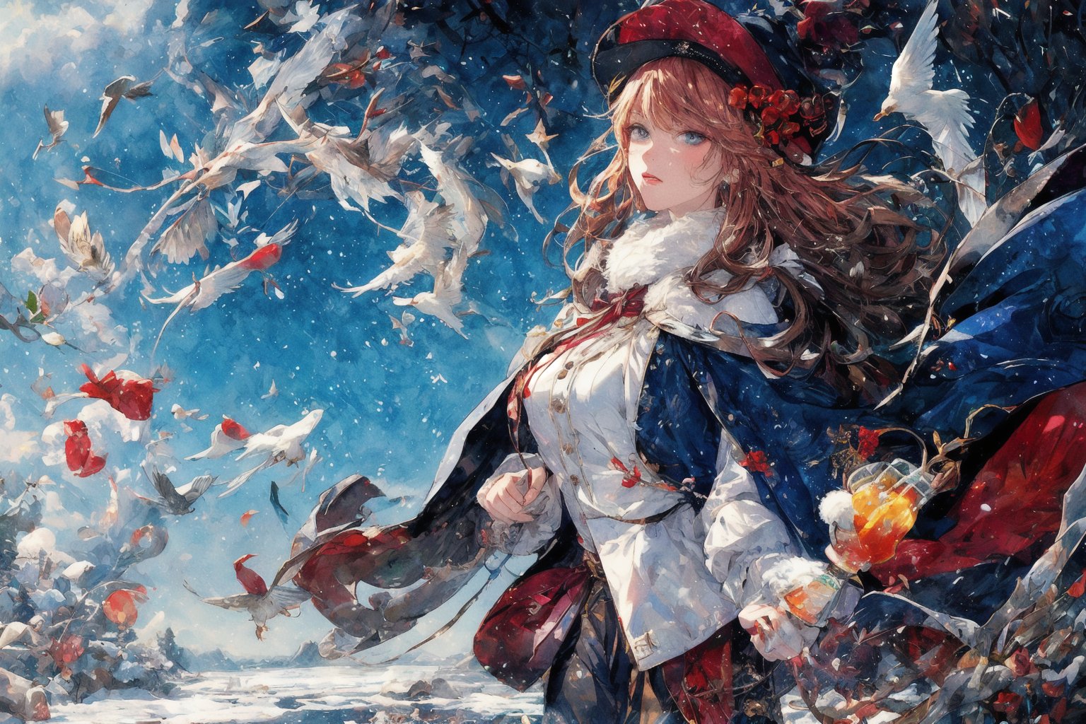 Official Art, Unity 8K Wallpaper, Extreme Detailed, Beautiful and Aesthetic, Masterpiece, Top Quality, perfect anatomy, 

1girl, solo, very long hair, bangs, blue eyes, skirt, indigo vest, long sleeves, hat, red hair, cape, hair over one eye, fur trim, indigo headwear, heterochromia, red cloak, fur-trimmed cloak, white shirt, boots, white pants, chinese clothes, bird, Tula Province, Russian Empire,
Source of life, sparkling stars, water feeder, aquatic tune, ginger, ice water, geranium, oak, impurity glass bottle, tweed cloak, Claret homemade equestrian skirt, Plateau lakes, snow mountains

a beautifully drawn (((ink illustration))) depicting, vintage, Claret and navy blue accents, watercolor painting, concept art, (best illustration), (best shadow), Analog Color Theme, vivid colours, contrast, smooth, sharp focus, scenery, 

(Pencil_Sketch:1.2,masterpiece, midjourney, best quality, incredibly absurdres, messy lines,high detail eyes,More Detail,perfect light,portrait, ,more detail XL,Ukiyo-e, ,ink,colorful,samurai