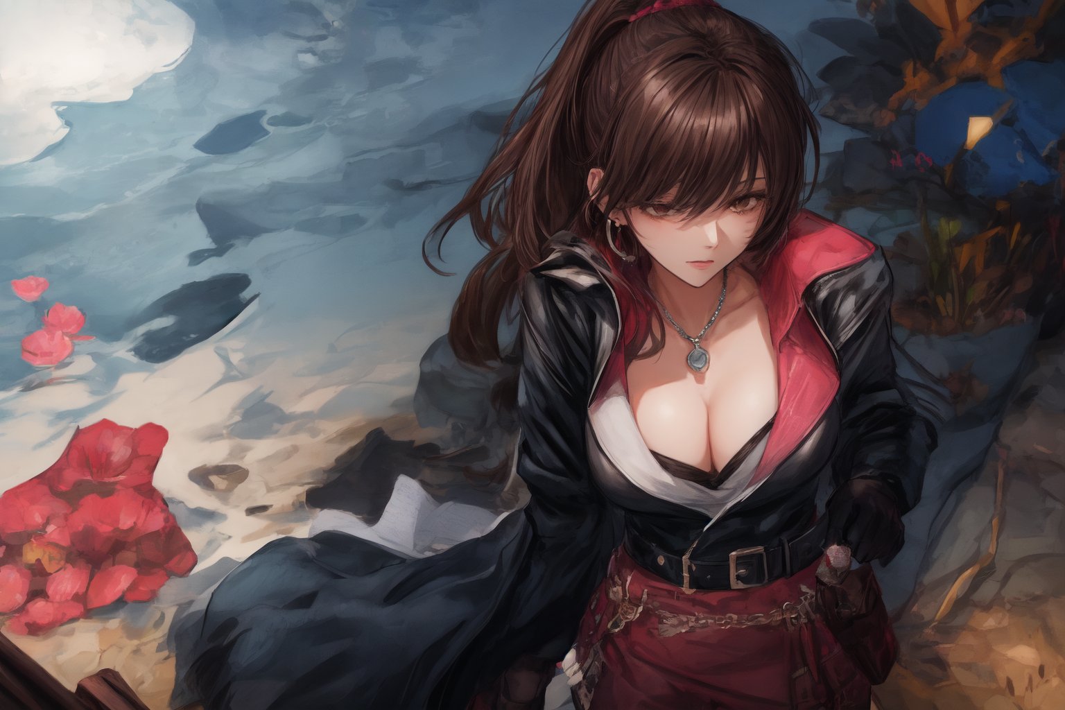 Official Art, Unity 8K Wallpaper, Extreme Detailed, Beautiful and Aesthetic, Masterpiece, Top Quality, perfect anatomy, 

1girl, solo, long hair, large breasts, brown hair, hair ornament, long sleeves, cleavage, brown eyes, jewelry, ponytail, earrings, open clothes, dark brown gloves, belt, fingerless gloves, open jacket, magenta dress, sunglasses, cropped jacket, eyewear removed, Desert flannel, velvet flower, gigolo, floral notes, desert rose, benzoin, ebony, Melbourne, electronic pet machine, dark brown leather motorcycle jacket, silver-plated friendship necklace, megaphone, outdoors, 

a beautifully drawn (((ink illustration))) depicting, vintage, indigo and pink accents, watercolor painting, concept art, (best illustration), (best shadow), Analog Color Theme, vivid colours, contrast, smooth, sharp focus, scenery, 

(Pencil_Sketch:1.2,masterpiece, midjourney, best quality, incredibly absurdres, messy lines,high detail eyes,More Detail,perfect light,portrait, ,more detail XL,Ukiyo-e, ,ink,colorful,