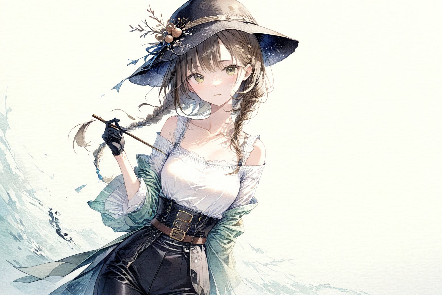 Official Art, Unity 8K Wallpaper, Extreme Detailed, Beautiful and Aesthetic, Masterpiece, Top Quality, perfect anatomy, 

1girl, solo, long hair, brown hair, shirt, gloves, holding, hair between eyes, standing, collarbone, yellow eyes, white shirt, belt, pants, single braid, black headwear, black pants, hair over shoulder, shirt tucked in, fake facial hair, fake mustache, Los Angeles, film stock, tracery, leather tones, cinnamon, cocoa nut, vanilla, amber, tolu balsam, notched fedora, bamboo cane, olive green cotton headband, stuntman, brown theme, green background,

a beautifully drawn (((ink illustration))) depicting, vintage, brown and green accents, watercolor painting, concept art, (best illustration), (best shadow), Analog Color Theme, vivid colours, contrast, smooth, sharp focus, scenery, 

(Pencil_Sketch:1.2,masterpiece, midjourney, best quality, incredibly absurdres, messy lines,high detail eyes,More Detail,perfect light,portrait, ,more detail XL,Ukiyo-e, ,ink,colorful,