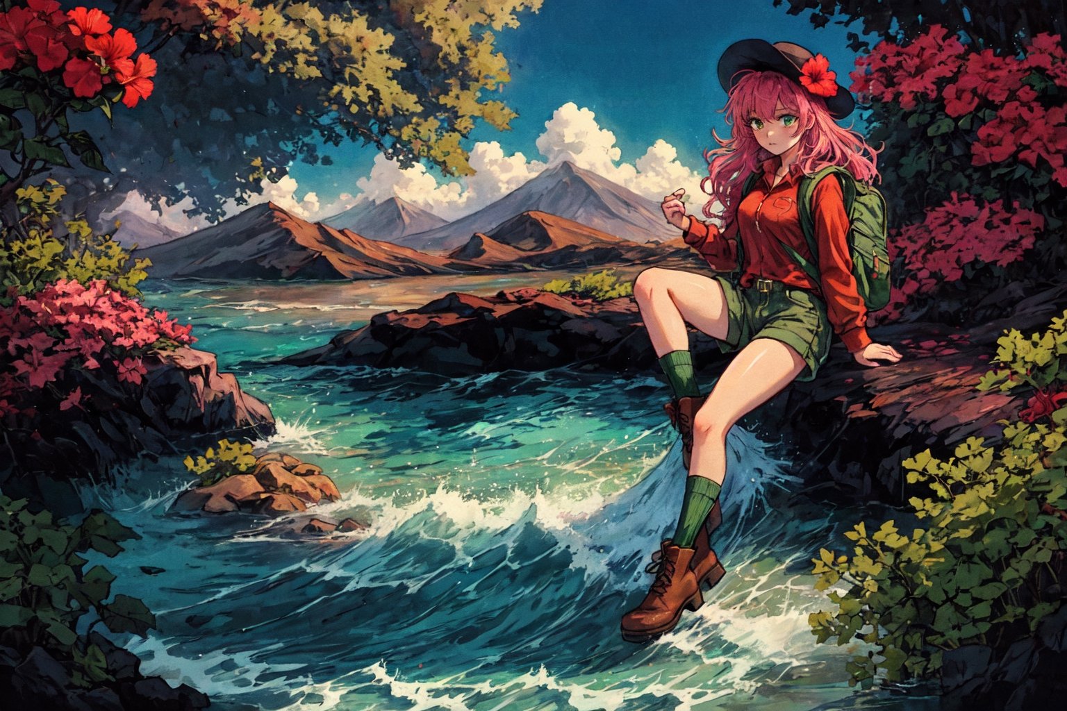 Leilani, Hawaii, hibiscus flowers, waves, Individual combat, Ocean tone, seawater, salt, seaweed, lemon, green leaves, longbow, monocular telescope, 1girl, solo, long hair, shirt, long sleeves, hat, green eyes, pink hair, boots, sky, shorts, socks, bag, brown footwear, backpack, mountain, green shorts, green socks,(masterpiece