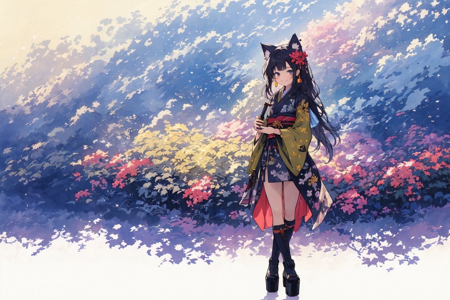 Official Art, Unity 8K Wallpaper, Extreme Detailed, Beautiful and Aesthetic, Masterpiece, Top Quality, perfect anatomy, 

1girl, solo, long hair, looking at viewer, blush, smile, bangs, blue eyes, hair ornament, long sleeves, bow, holding, animal ears, jewelry, closed mouth, standing, tail, full body, weapon, flower, white hair, earrings, japanese clothes, sword, cat ears, hair flower, wide sleeves, kimono, scarf, black footwear, holding weapon, animal ear fluff, bell, animal, cat, tassel, platform footwear, Blue-green theme, 

a beautifully drawn (((ink illustration))) depicting, vintage, PURPLE and YELLOW accents, watercolor painting, concept art, (best illustration), (best shadow), Analog Color Theme, vivid colours, contrast, smooth, sharp focus, scenery, 

(Pencil_Sketch:1.2,masterpiece, midjourney, best quality, incredibly absurdres, messy lines,high detail eyes