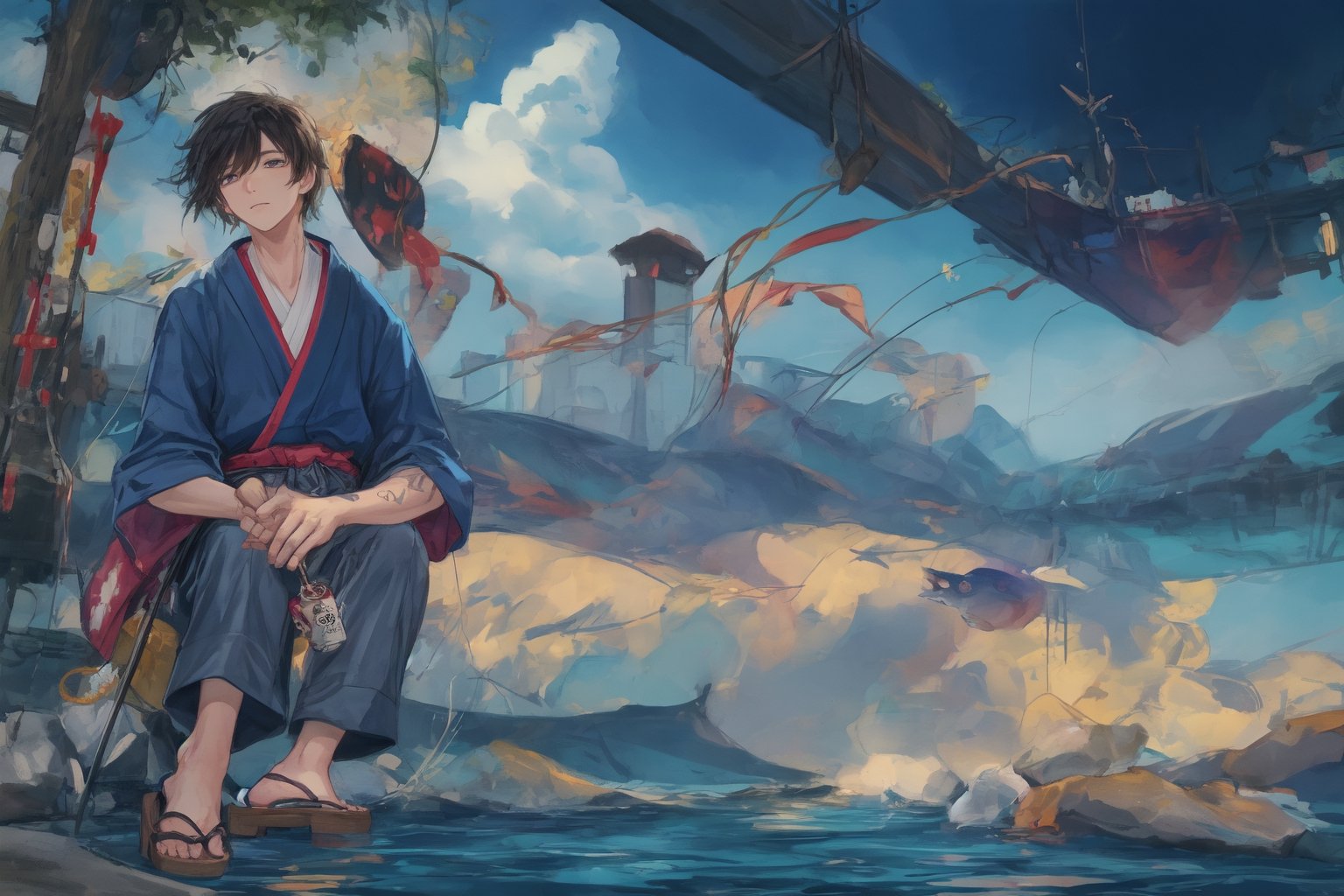 Official Art, Unity 8K Wallpaper, Extreme Detailed, Beautiful and Aesthetic, Masterpiece, Top Quality, perfect anatomy, 

solo, short hair, black hair, 1boy, holding, sitting, male focus, outdoors, japanese clothes, sky, day, pants, clouds, water, blue sky, tattoo, sandals, fish, grey pants, fishing rod, fishing, holding fishing rod, fishing line, blue theme, 

a beautifully drawn (((ink illustration))) depicting, vintage, purple and yellow accents, watercolor painting, concept art, (best illustration), (best shadow), Analog Color Theme, vivid colours, contrast, smooth, sharp focus, scenery, 

(Pencil_Sketch:1.2,masterpiece, midjourney, best quality, incredibly absurdres, messy lines,high detail eyes,More Detail,perfect light,portrait, ,more detail XL,Ukiyo-e, ,ink