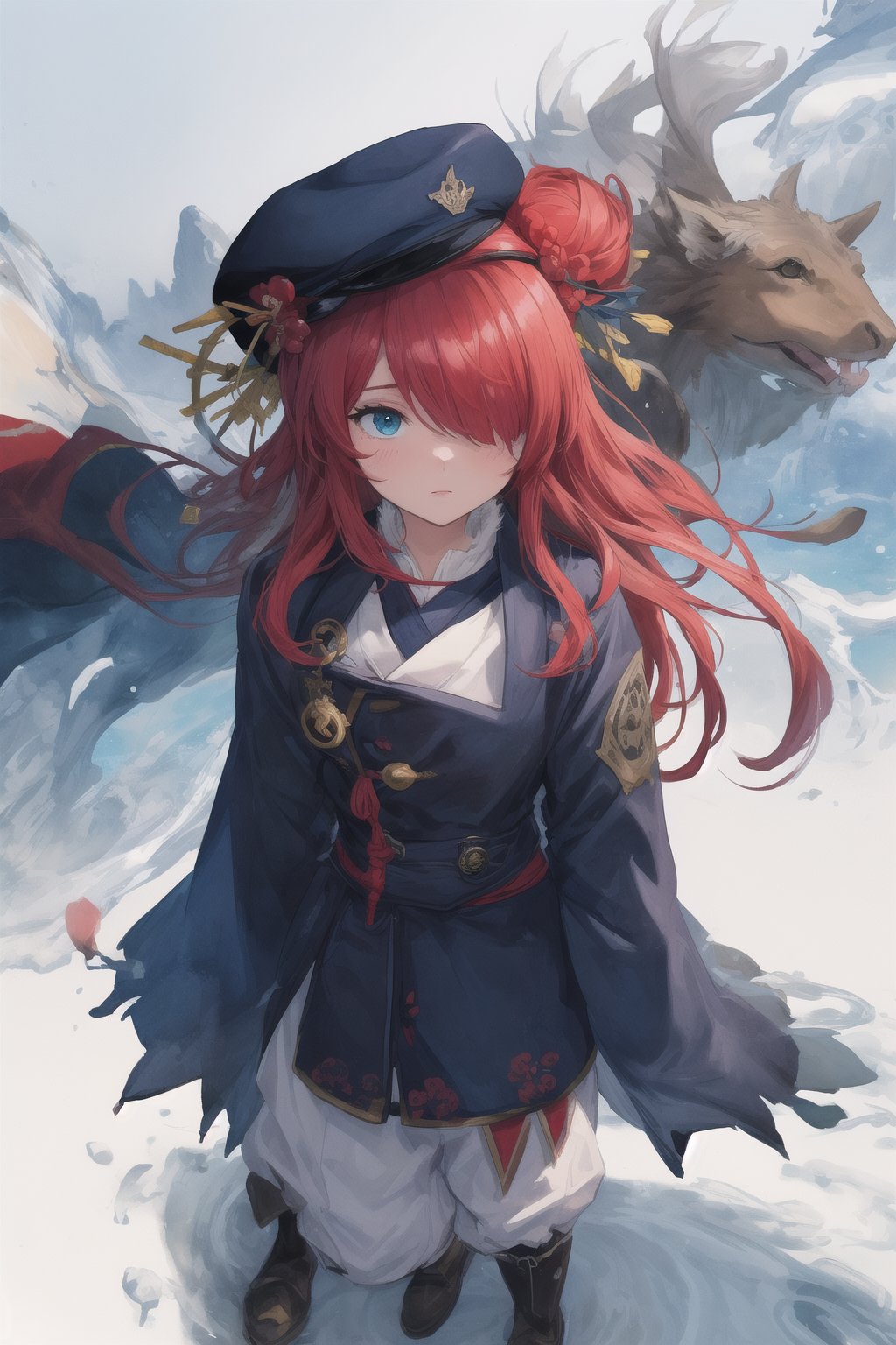 Official Art, Unity 8K Wallpaper, Extreme Detailed, Beautiful and Aesthetic, Masterpiece, Top Quality, perfect anatomy, 

1girl, solo, very long hair, bangs, blue eyes, skirt, indigo vest, long sleeves, hat, red hair, cape, hair over one eye, fur trim, indigo headwear, heterochromia, red cloak, fur-trimmed cloak, white shirt, boots, white pants, chinese clothes, bird, Tula Province, Russian Empire,
Source of life, sparkling stars, water feeder, aquatic tune, ginger, ice water, geranium, oak, impurity glass bottle, tweed cloak, Claret homemade equestrian skirt, Plateau lakes, snow mountains

a beautifully drawn (((ink illustration))) depicting, vintage, Claret and navy blue accents, watercolor painting, concept art, (best illustration), (best shadow), Analog Color Theme, vivid colours, contrast, smooth, sharp focus, scenery, 

(Pencil_Sketch:1.2,masterpiece, midjourney, best quality, incredibly absurdres, messy lines,high detail eyes,More Detail,perfect light,portrait, ,more detail XL,Ukiyo-e, ,ink,colorful,samurai,anime