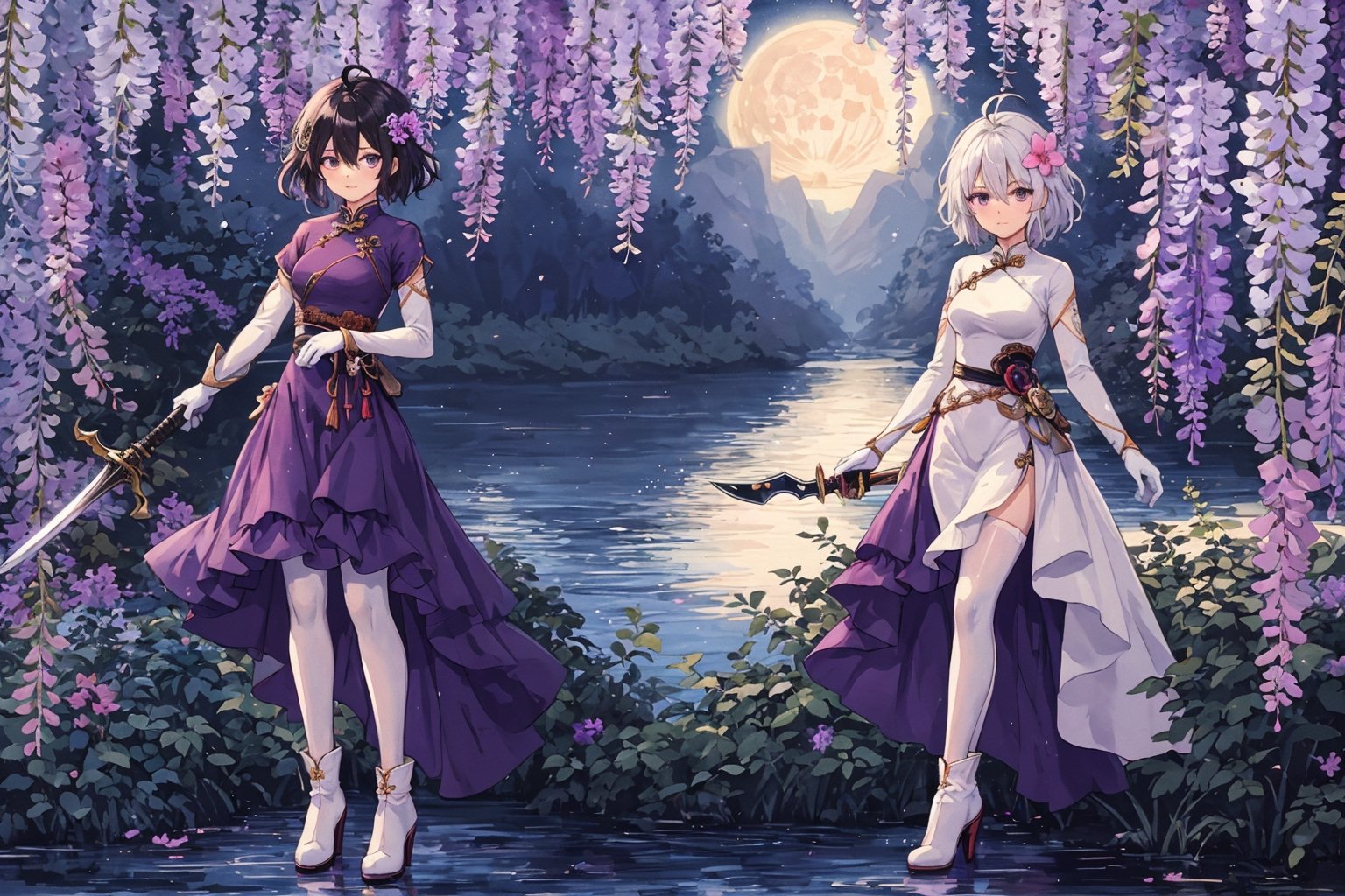 1girl, solo, looking at viewer, short hair, hair ornament, gloves, long sleeves, dress, holding, hair between eyes, closed mouth, standing, purple eyes, full body, weapon, wisteria flowers, ahoge, white hair, black pantyhose, multicolored hair, boots, sword, hair flower, holding weapon, armor, high heels, holding sword, cheongsam, china dress, whiie dress with violet pattern, moon, lake behind, ink painting,(Pencil_Sketch:1.2,masterpiece