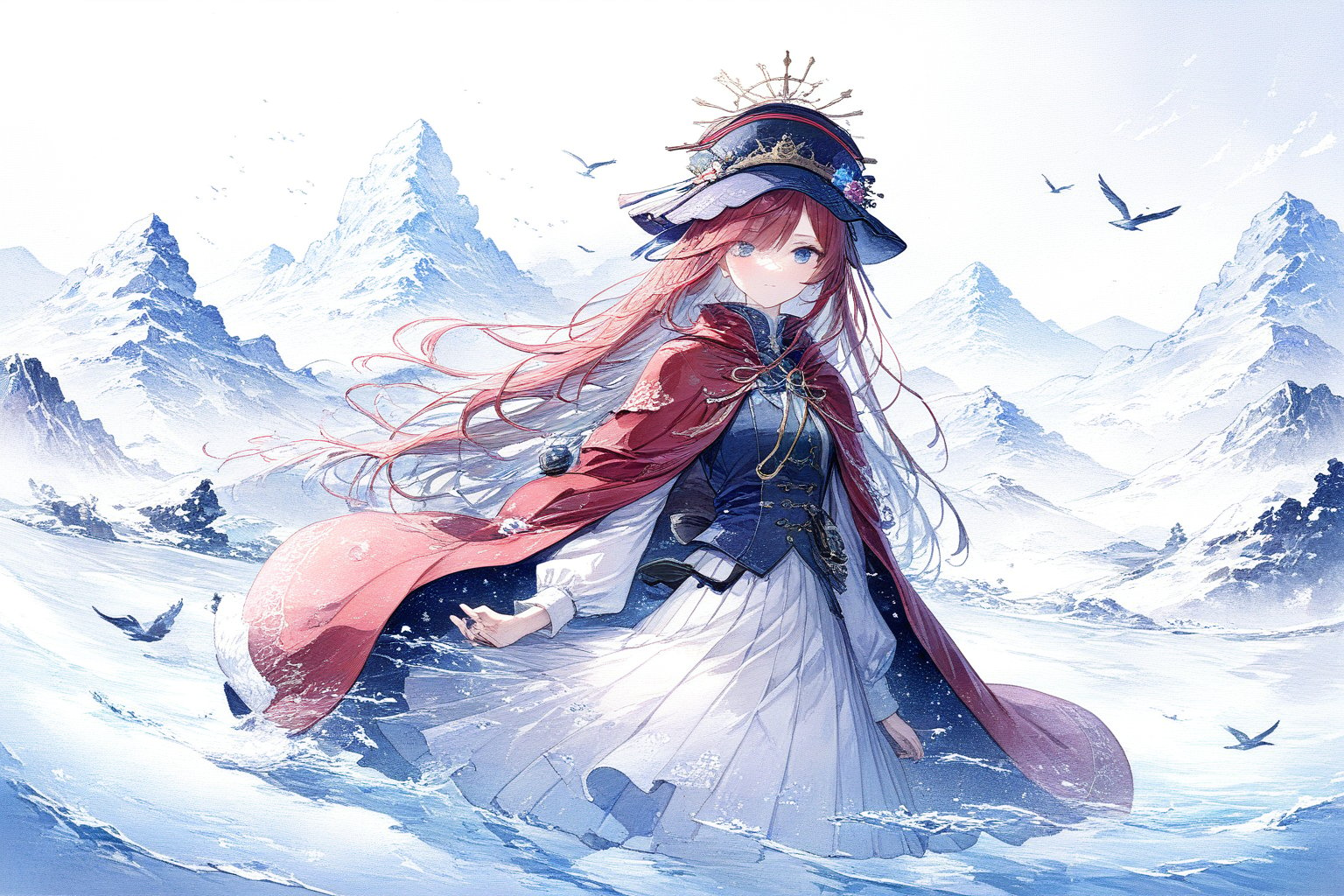 Official Art, Unity 8K Wallpaper, Extreme Detailed, Beautiful and Aesthetic, Masterpiece, Top Quality, perfect anatomy, 

1girl, solo, very long hair, bangs, blue eyes, skirt, indigo vest, long sleeves, hat, red hair, cape, hair over one eye, fur trim, indigo headwear, heterochromia, red cloak, fur-trimmed cloak, white shirt, boots, white pants, chinese clothes, bird, Tula Province, Russian Empire,
Source of life, sparkling stars, water feeder, aquatic tune, ginger, ice water, geranium, oak, impurity glass bottle, tweed cloak, Claret homemade equestrian skirt, Plateau lakes, snow mountains

a beautifully drawn (((ink illustration))) depicting, vintage, Claret and navy blue accents, watercolor painting, concept art, (best illustration), (best shadow), Analog Color Theme, vivid colours, contrast, smooth, sharp focus, scenery, 

(Pencil_Sketch:1.2,masterpiece, midjourney, best quality, incredibly absurdres, messy lines,high detail eyes,More Detail,perfect light,portrait, ,more detail XL,Ukiyo-e, ,ink,colorful,