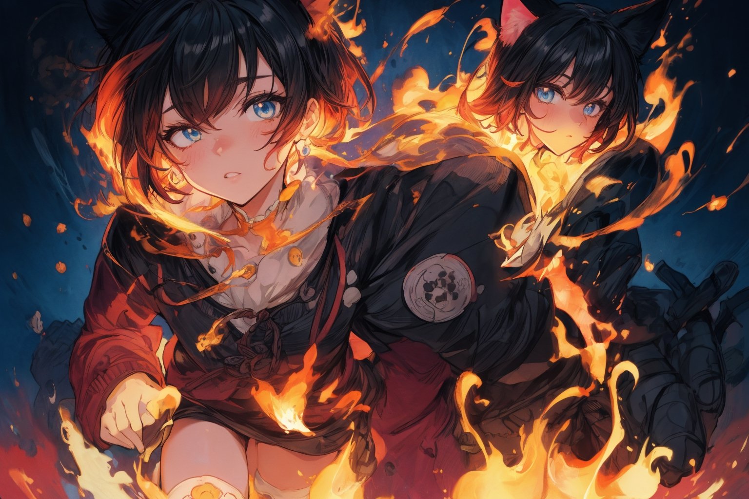 Official Art, Unity 8K Wallpaper, Extreme Detailed, Beautiful and Aesthetic, Masterpiece, Top Quality, perfect anatomy, 

1girl, solo, looking at viewer, short hair, bangs, blue eyes, black hair, thighhighs, long sleeves, dress, animal ears, standing, jacket, tail, full body, boots, black thighhighs, cat ears, black footwear, black dress, cat tail, hand on hip, shadow, pink theme, blue jacket, flames, 

a beautifully drawn (((ink illustration))) depicting, vintage, purple and yellow accents, watercolor painting, concept art, (best illustration), (best shadow), Analog Color Theme, vivid colours, contrast, smooth, sharp focus, scenery, 

(Pencil_Sketch:1.2,masterpiece, midjourney, best quality, incredibly absurdres, messy lines,high detail eyes,More Detail,perfect light,portrait, ,more detail XL,Ukiyo-e, ,ink