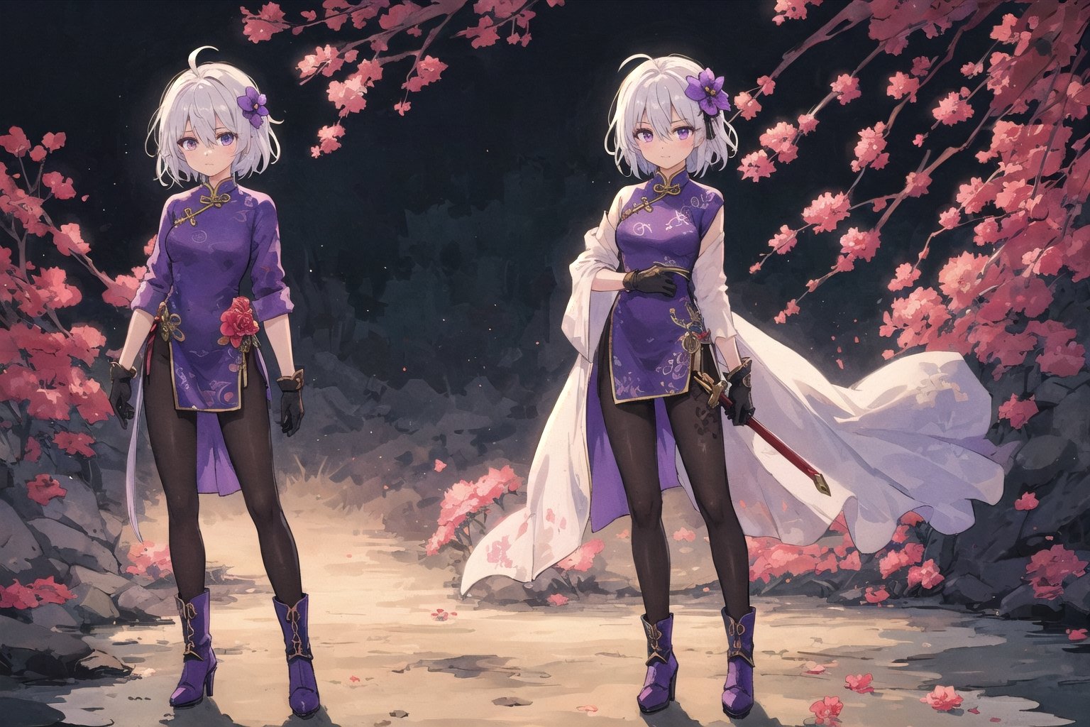 1girl, solo, looking at viewer, short hair, hair ornament, gloves, long sleeves, dress, holding, hair between eyes, closed mouth, standing, purple eyes, full body, weapon, flower, ahoge, white hair, black pantyhose, multicolored hair, boots, sword, hair flower, holding weapon, armor, high heels, holding sword, cheongsam, china dress, whiie dress with violet pattern, ink painting,(Pencil_Sketch:1.2