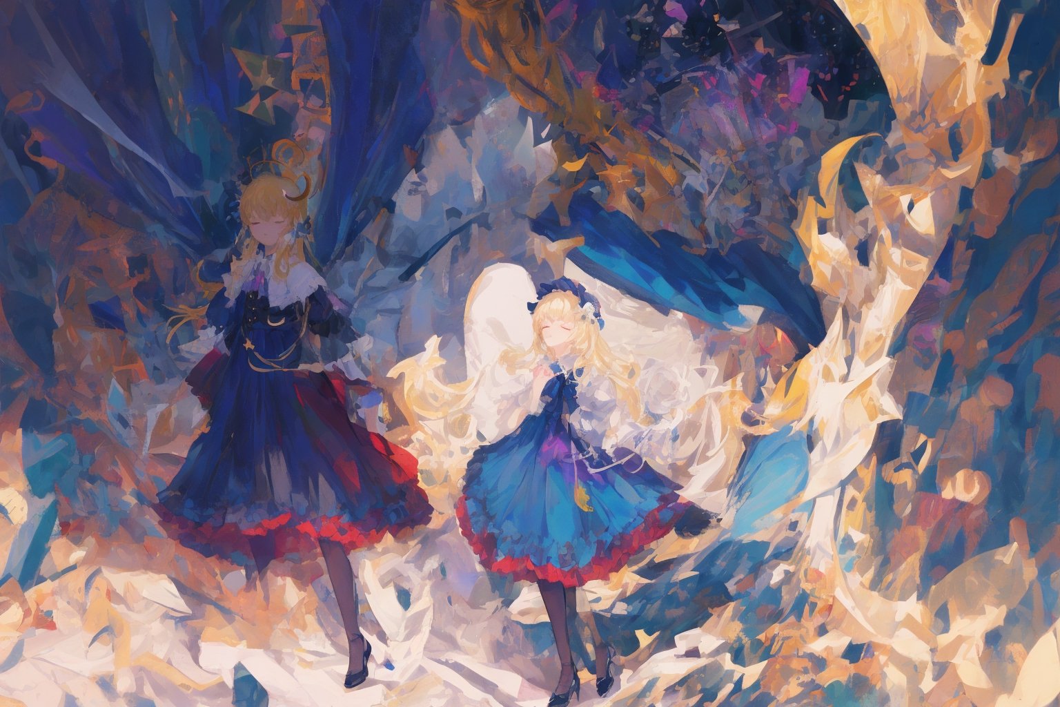 Official Art, Unity 8K Wallpaper, Extreme Detailed, Beautiful and Aesthetic, Masterpiece, Top Quality, perfect anatomy, 

1girl, solo, long hair, bangs, blonde hair, dress, bow, ribbon, holding, jewelry, standing, full body, closed eyes, pantyhose, frills, shoes, blunt bangs, star \(symbol\), blue dress, umbrella, moon, frilled dress, crescent, star \(sky\), lolita fashion, holding umbrella, petticoat, crescent moon, bonnet, constellation, blue theme,

a beautifully drawn (((ink illustration))) depicting, vintage, indigo and purple accents, watercolor painting, concept art, (best illustration), (best shadow), Analog Color Theme, vivid colours, contrast, smooth, sharp focus, scenery, 

(Pencil_Sketch:1.2,masterpiece, midjourney, best quality, incredibly absurdres, messy lines,high detail eyes,More Detail,perfect light,portrait, ,more detail XL, 