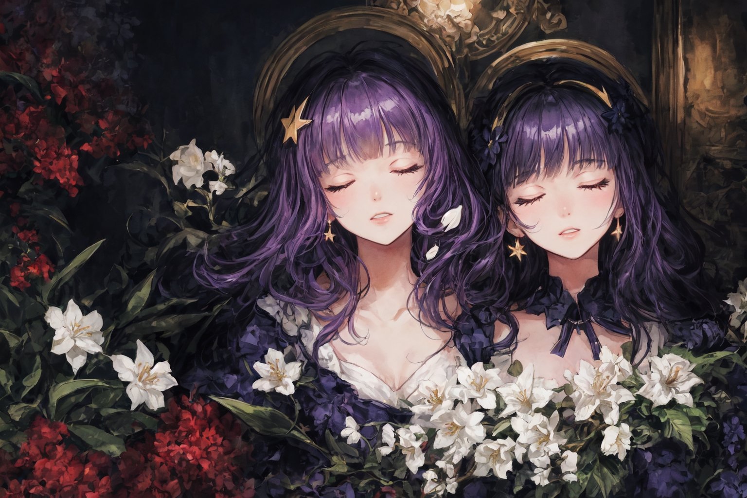 Official Art, Unity 8K Wallpaper, Extreme Detailed, Beautiful and Aesthetic, Masterpiece, Top Quality, perfect anatomy, 

1girl, solo, long hair, bangs, hair ornament, dress, jewelry, closed eyes, upper body, purple hair, flower, earrings, parted lips, hair flower, head tilt, book, eyelashes, makeup, halo, white flower, crescent, facing viewer, book stack, hyacinth, star_(sky), 

a beautifully drawn (((ink illustration))) depicting, vintage, RED and INDIGO accents, watercolor painting, concept art, (best illustration), (best shadow), Analog Color Theme, vivid colours, contrast, smooth, sharp focus, scenery, 

(Pencil_Sketch:1.2,masterpiece, midjourney, best quality, incredibly absurdres, messy lines,high detail eyes,More Detail,perfect light,portrait, 