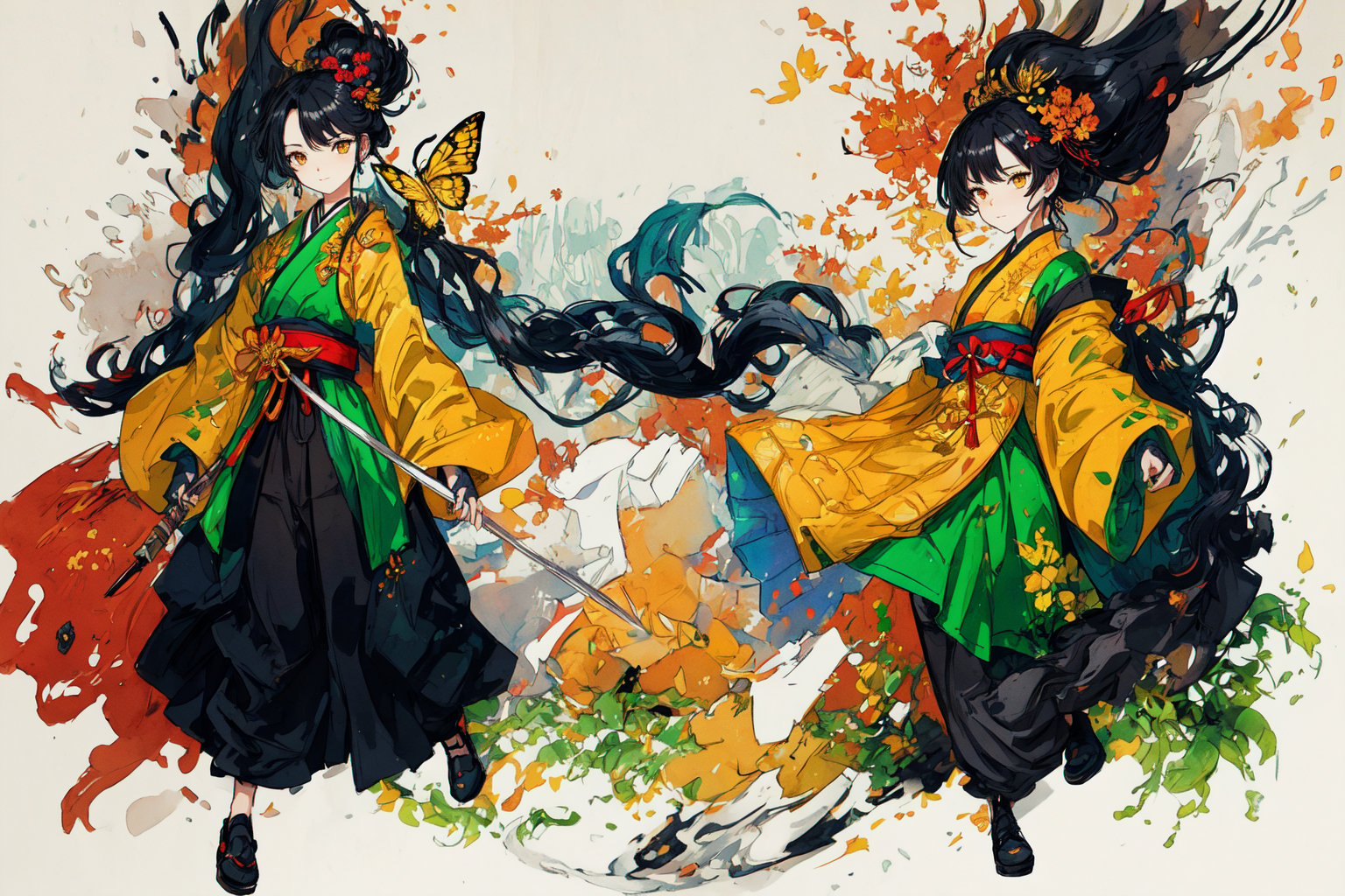Official Art, Unity 8K Wallpaper, Extreme Detailed, Beautiful and Aesthetic, Masterpiece, Top Quality, perfect anatomy, 

1girl, solo, long hair, looking at viewer, black hair, hair ornament, long sleeves, dress, holding, brown eyes, closed mouth, standing, full body, weapon, pants, wooden sword, water, black footwear, holding weapon, chinese clothes, golden butterfly, green dress, bangs, yellow eyes, pine trees, clouds, Fly-whisk, bottle gourd, screen, landscape ink painting, 

a beautifully drawn (((ink illustration))) depicting, vintage, green and orange accents, watercolor painting, concept art, (best illustration), (best shadow), Analog Color Theme, vivid colours, contrast, smooth, sharp focus, scenery, 

(Pencil_Sketch:1.2,masterpiece, midjourney, best quality, incredibly absurdres, messy lines,high detail eyes,More Detail,perfect light,portrait, ,more detail XL,Ukiyo-e, ,ink,colorful,samurai