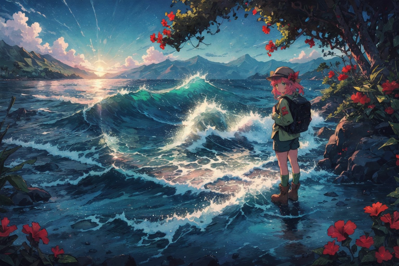 Leilani, Hawaii, hibiscus flowers, waves, Individual combat, Ocean tone, seawater, salt, seaweed, lemon, green leaves, longbow, monocular telescope, 1girl, solo, long hair, shirt, long sleeves, hat, green eyes, pink hair, boots, sky, shorts, socks, bag, brown footwear, backpack, mountain, green shorts, green socks,(masterpiece