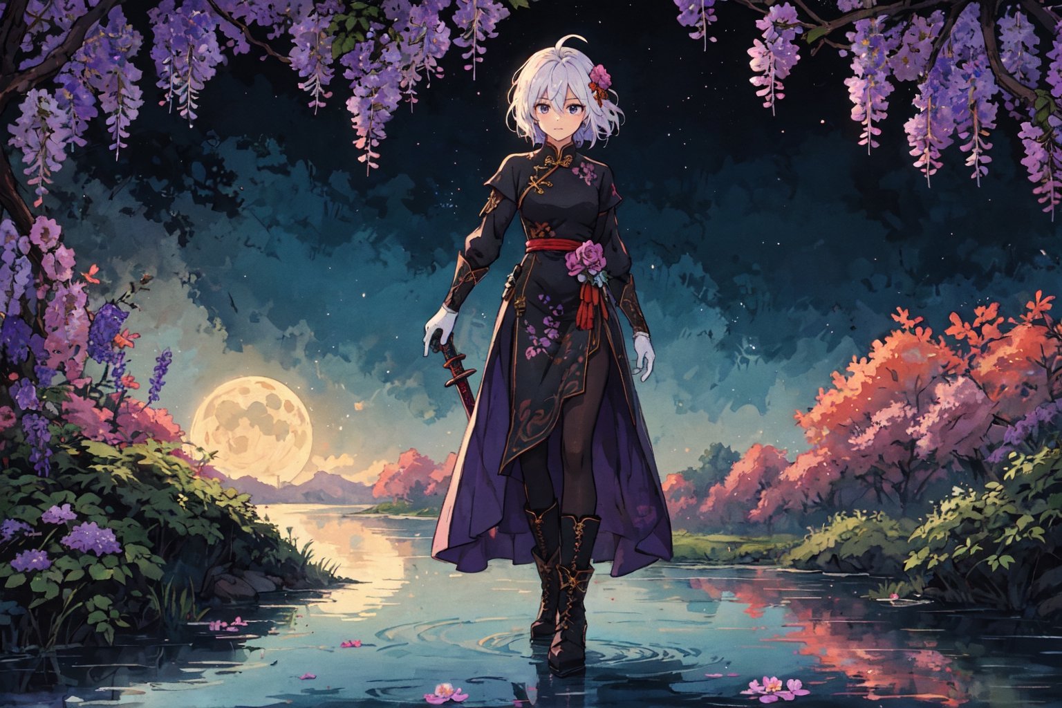 1girl, solo, looking at viewer, short hair, hair ornament, gloves, long sleeves, dress, holding, hair between eyes, closed mouth, standing, purple eyes, full body, weapon, wisteria flowers, ahoge, white hair, black pantyhose, multicolored hair, boots, sword, hair flower, holding weapon, armor, high heels, holding sword, cheongsam, china dress, whiie dress with violet pattern, moon, lake behind, ink painting,(Pencil_Sketch:1.2,masterpiece