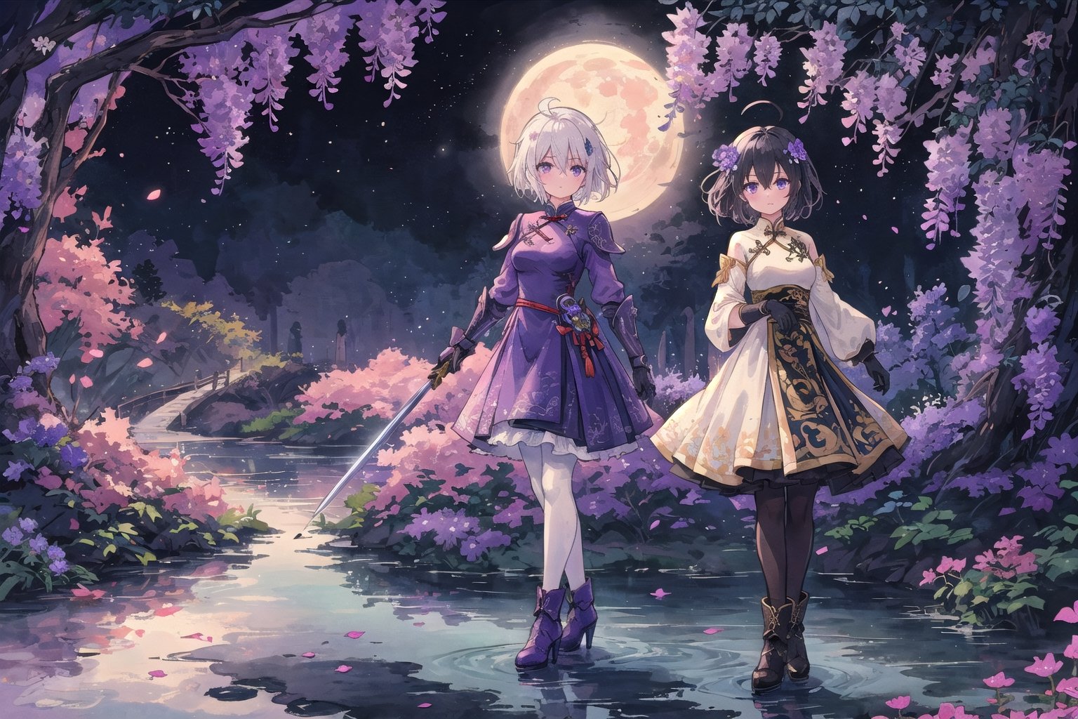 1girl, solo, looking at viewer, short hair, hair ornament, gloves, long sleeves, dress, holding, hair between eyes, closed mouth, standing, purple eyes, full body, weapon, wisteria flowers, ahoge, white hair, black pantyhose, multicolored hair, boots, sword, hair flower, holding weapon, armor, high heels, holding sword, cheongsam, china dress, whiie dress with violet pattern, moon, lake behind, ink painting,(Pencil_Sketch:1.2,masterpiece
