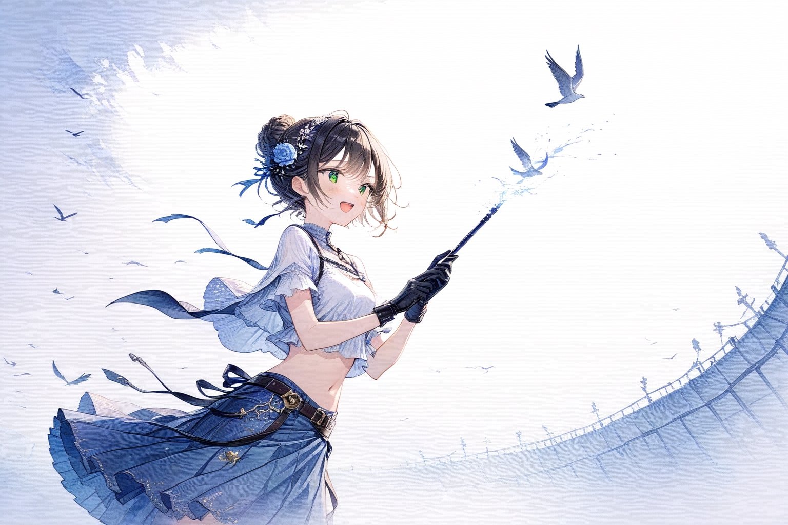 Official Art, Unity 8K Wallpaper, Extreme Detailed, Beautiful and Aesthetic, Masterpiece, Top Quality, perfect anatomy, 

1girl, solo, smile, short hair, open mouth, bangs, skirt, brown hair, black hair, hair ornament, holding, jewelry, green eyes, standing, braid, flower, hairband, outdoors, midriff, hair flower, cape, from side, blue skirt, night, fire, torch, wristband, bandaid, long skirt, holding torch, railing, blush, short sleeves, hairclip, hair bun, crop top, denim, clothes around waist, Spathodea, Melbourne, Victoria, Commonwealth of Australia, hook, fluttering bird, reincarnation, gourmet flavor, milk, caramel, bell pepper, cardamom, curious eyes, championship belt, brown leather gloves, orange theme, arena,

a beautifully drawn (((ink illustration))) depicting, vintage, green and yellow accents, watercolor painting, concept art, (best illustration), (best shadow), Analog Color Theme, vivid colours, contrast, smooth, sharp focus, scenery, 

(Pencil_Sketch:1.2,masterpiece, midjourney, best quality, incredibly absurdres, messy lines,high detail eyes,More Detail,perfect light,portrait, , 