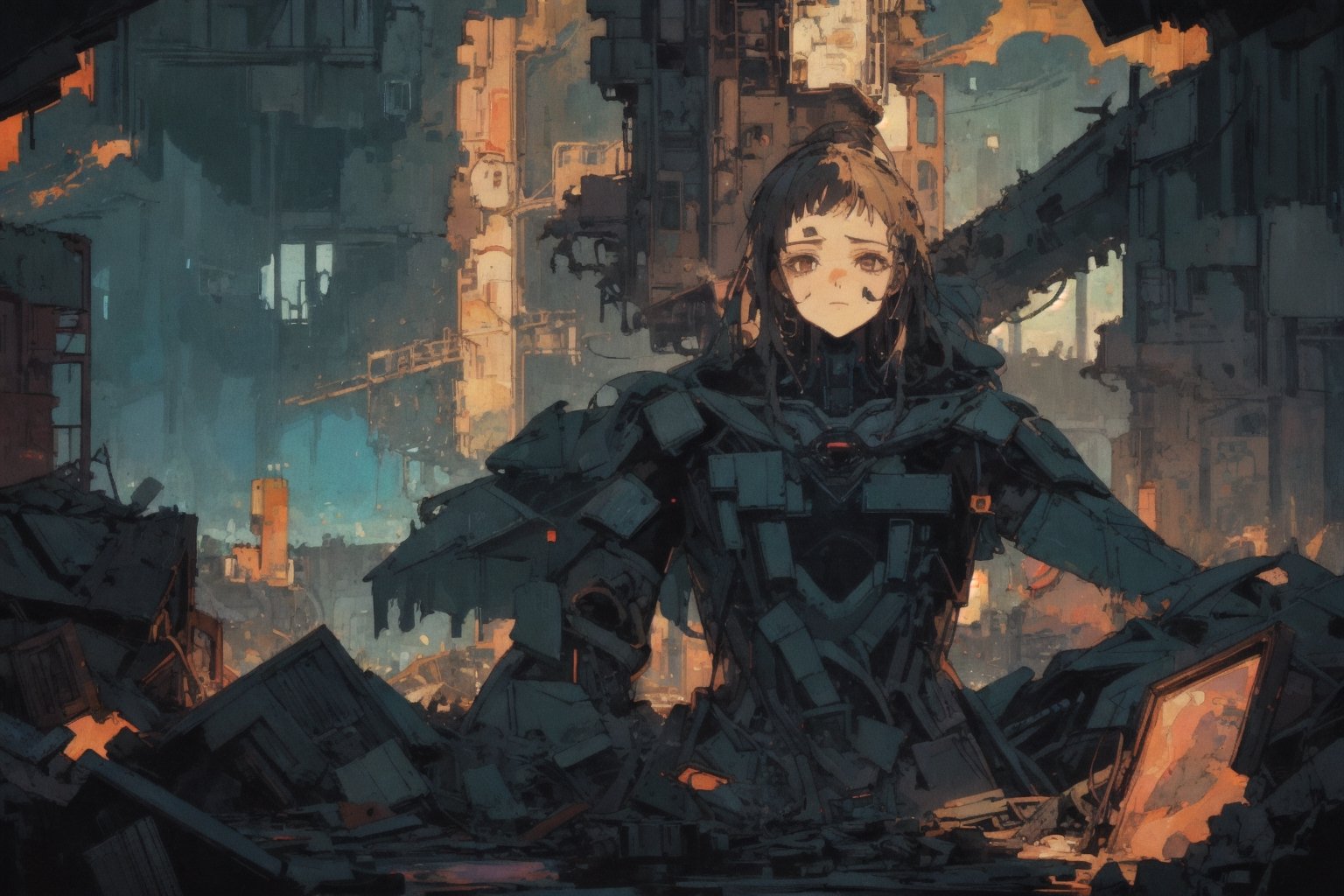 In an eerie digital dystopia, a towering figure emerges from the pixelated ruins, its metallic frame reflecting the sickly glow of neon lights. This haunting image is an oil painting that captures the essence of a futuristic world in decay. The figure's face is a mosaic of fractured screen displays, radiating an otherworldly beauty that belies the underlying chaos. Each pixel is painstakingly rendered with precision, creating a mesmerizing blend of technology and darkness. This mesmerizing piece encapsulates the allure of a world on the brink of collapse, inviting viewers to ponder the consequences of unchecked progress.,masterpiece