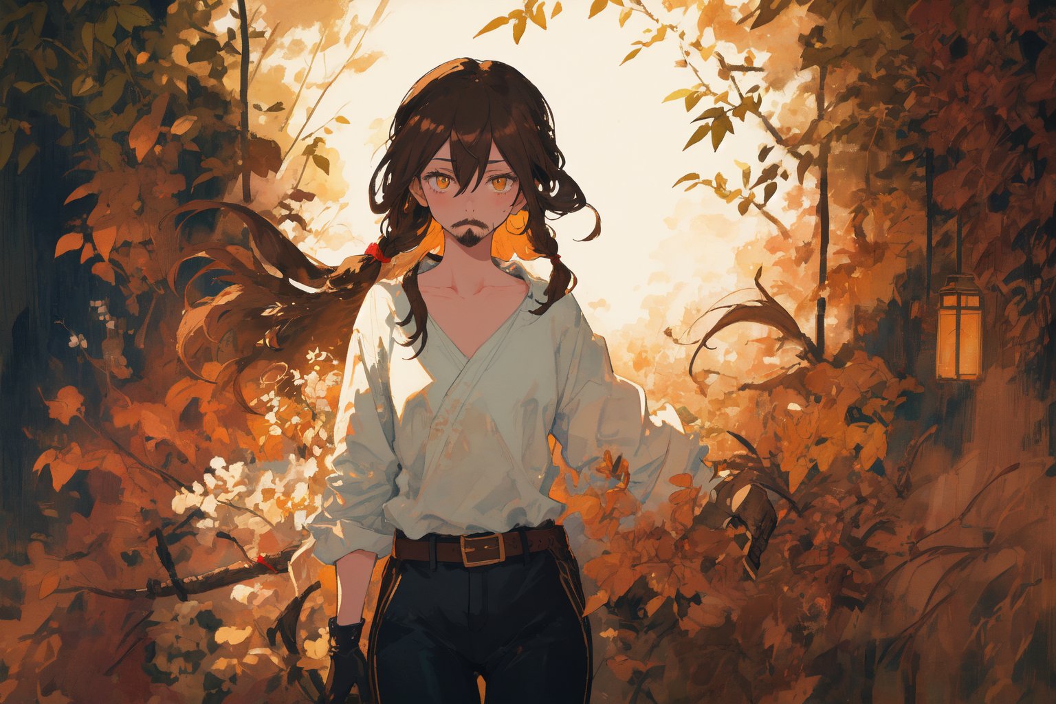 Official Art, Unity 8K Wallpaper, Extreme Detailed, Beautiful and Aesthetic, Masterpiece, Top Quality, perfect anatomy, 

1girl, solo, long hair, brown hair, shirt, gloves, holding, hair between eyes, standing, collarbone, yellow eyes, white shirt, belt, pants, single braid, black headwear, black pants, hair over shoulder, shirt tucked in, fake facial hair, fake mustache, Los Angeles, film stock, tracery, leather tones, cinnamon, cocoa nut, vanilla, amber, tolu balsam, notched fedora, bamboo cane, olive green cotton headband, stuntman,

a beautifully drawn (((ink illustration))) depicting, vintage, brown and green accents, watercolor painting, concept art, (best illustration), (best shadow), Analog Color Theme, vivid colours, contrast, smooth, sharp focus, scenery, 

(Pencil_Sketch:1.2,masterpiece, midjourney, best quality, incredibly absurdres, messy lines,high detail eyes,More Detail,perfect light,portrait, ,more detail XL,Ukiyo-e, ,ink,colorful,