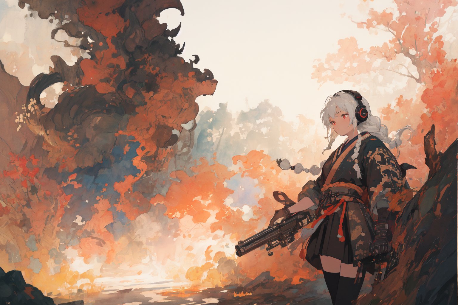 Official Art, Unity 8K Wallpaper, Extreme Detailed, Beautiful and Aesthetic, Masterpiece, Top Quality, perfect anatomy, 

1girl, solo, long hair, red eyes, thighhighs, weapon, braid, white hair, twin braids, gun, glowing, headphones, gatling gun, brown theme, woods, dusty,

a beautifully drawn (((ink illustration))) depicting, vintage, red and green accents, watercolor painting, concept art, (best illustration), (best shadow), Analog Color Theme, vivid colours, contrast, smooth, sharp focus, scenery, 

(Pencil_Sketch:1.2,masterpiece, midjourney, best quality, incredibly absurdres, messy lines,high detail eyes,More Detail,perfect light,portrait, ,more detail XL,Ukiyo-e, ,ink,colorful,samurai