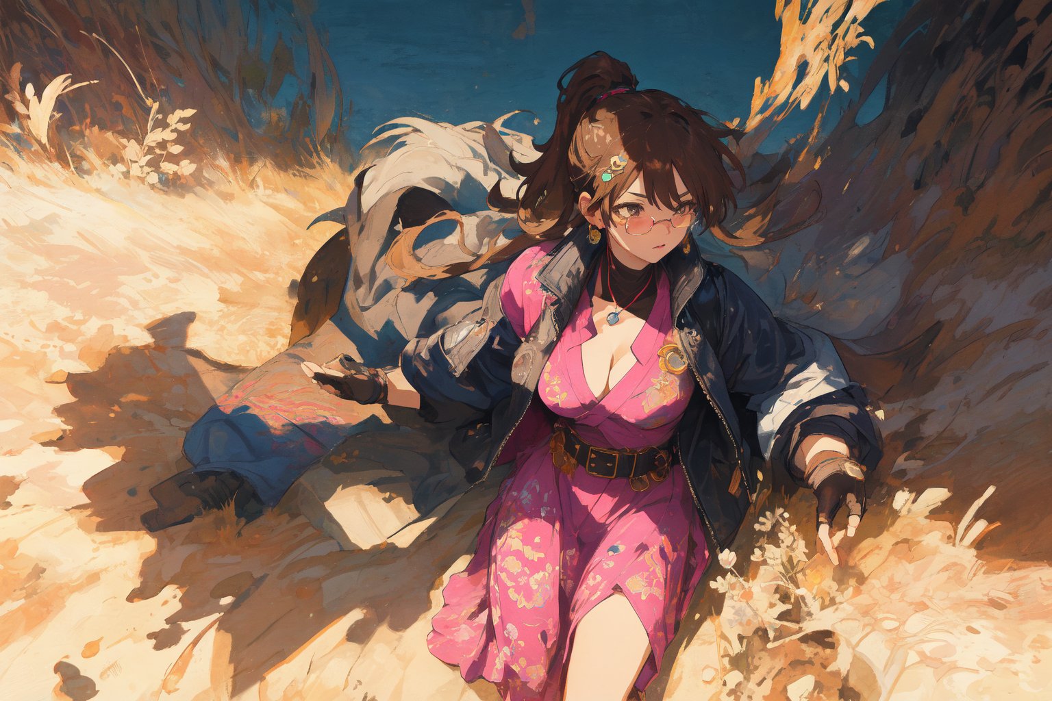 Official Art, Unity 8K Wallpaper, Extreme Detailed, Beautiful and Aesthetic, Masterpiece, Top Quality, perfect anatomy, 

1girl, solo, long hair, large breasts, brown hair, hair ornament, long sleeves, cleavage, brown eyes, jewelry, ponytail, earrings, open clothes, dark brown gloves, belt, fingerless gloves, open jacket, magenta dress, sunglasses, cropped jacket, eyewear removed, Desert flannel, velvet flower, gigolo, floral notes, desert rose, benzoin, ebony, Melbourne, electronic pet machine, dark brown leather motorcycle jacket, silver-plated friendship necklace, megaphone, outdoors, 

a beautifully drawn (((ink illustration))) depicting, vintage, indigo and pink accents, watercolor painting, concept art, (best illustration), (best shadow), Analog Color Theme, vivid colours, contrast, smooth, sharp focus, scenery, 

(Pencil_Sketch:1.2,masterpiece, midjourney, best quality, incredibly absurdres, messy lines,high detail eyes,More Detail,perfect light,portrait, ,more detail XL,Ukiyo-e, ,ink,colorful,