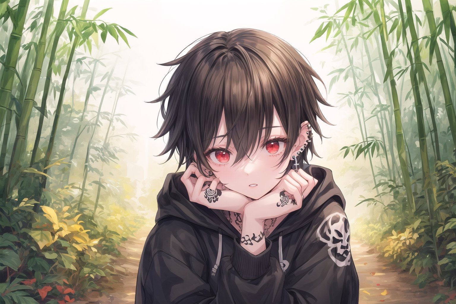 Official Art, Unity 8K Wallpaper, Extreme Detailed, Beautiful and Aesthetic, Masterpiece, Top Quality, perfect anatomy, 

solo, looking at viewer, short hair, black hair, red eyes, 1boy, hair between eyes, jewelry, male focus, earrings, parted lips, hood, cup, fingernails, hoodie, tattoo, piercing, hood down, ear piercing, black nails, skull, head rest, arm tattoo, black hoodie, neck tattoo, lip piercing, multiple piercings, hand tattoo, green bamboo forest, fallen leaves, 
a beautifully drawn (((ink illustration))) depicting, vintage, BROWN and YELLOW accents, watercolor painting, concept art, (best illustration), (best shadow), Analog Color Theme, vivid colours, contrast, smooth, sharp focus, scenery, 

(Pencil_Sketch:1.2,masterpiece, midjourney, best quality, incredibly absurdres, messy lines,high detail eyes,More Detail,perfect light,portrait, ,more detail XL, 