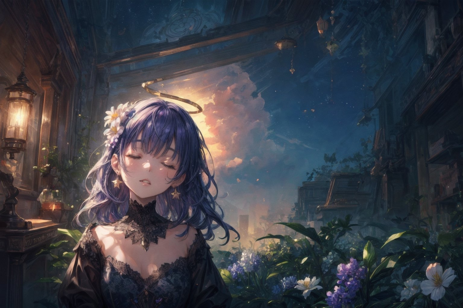 Official Art, Unity 8K Wallpaper, Extreme Detailed, Beautiful and Aesthetic, Masterpiece, Top Quality, perfect anatomy, 

1girl, solo, long hair, bangs, hair ornament, dress, jewelry, closed eyes, upper body, purple hair, flower, earrings, parted lips, hair flower, head tilt, book, eyelashes, makeup, halo, white flower, crescent, facing viewer, book stack, hyacinth, star_(sky), 

a beautifully drawn (((ink illustration))) depicting, vintage, RED and INDIGO accents, watercolor painting, concept art, (best illustration), (best shadow), Analog Color Theme, vivid colours, contrast, smooth, sharp focus, scenery, 

(Pencil_Sketch:1.2,masterpiece, midjourney, best quality, incredibly absurdres, messy lines,high detail eyes,More Detail,perfect light,portrait, 