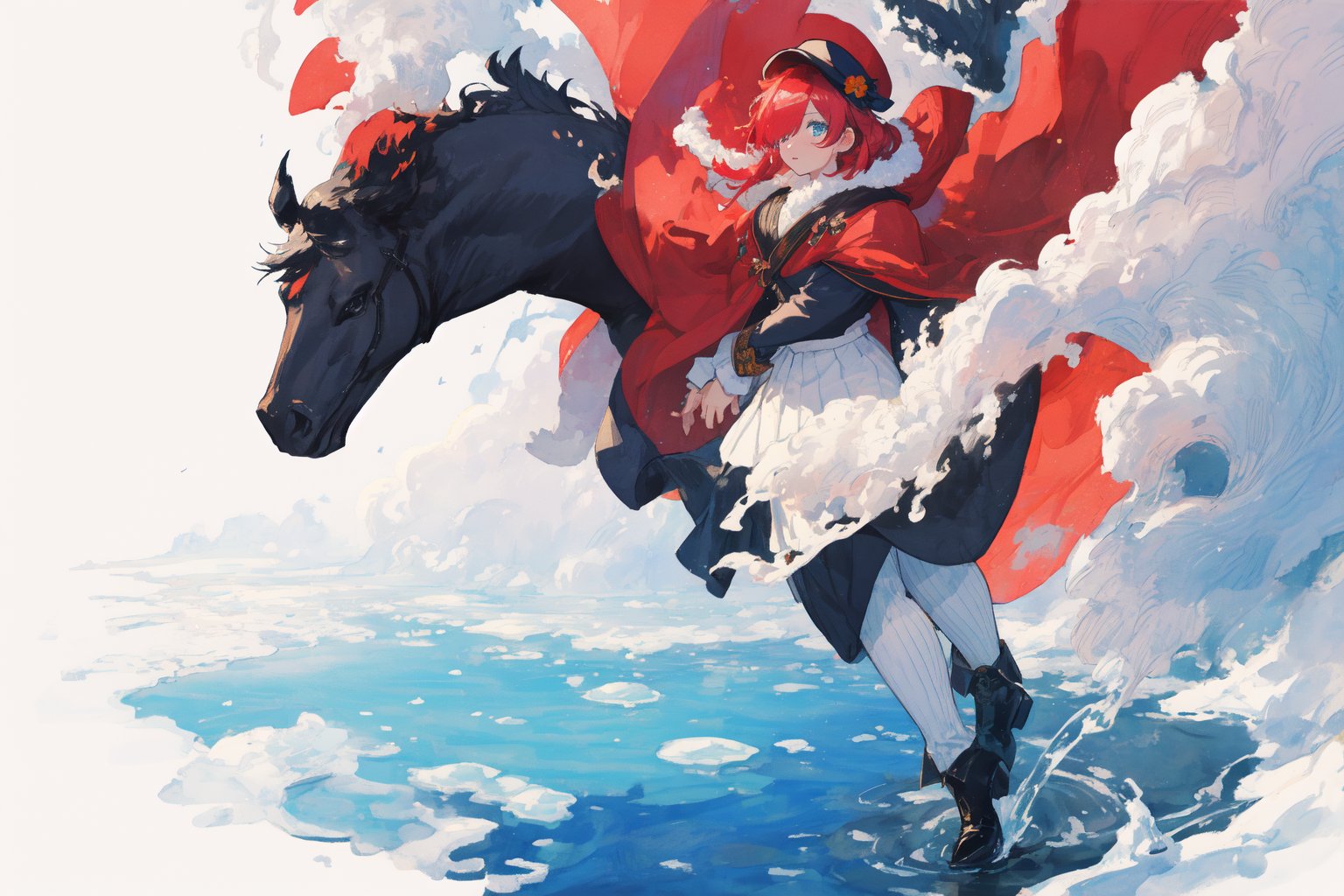 Official Art, Unity 8K Wallpaper, Extreme Detailed, Beautiful and Aesthetic, Masterpiece, Top Quality, perfect anatomy, 

1girl, solo, very long hair, bangs, blue eyes, skirt, indigo vest, long sleeves, hat, red hair, cape, hair over one eye, fur trim, indigo headwear, heterochromia, red cloak, fur-trimmed cloak, white shirt, boots, white pants, chinese clothes, bird, Tula Province, Russian Empire,
Source of life, sparkling stars, water feeder, aquatic tune, ginger, ice water, geranium, oak, impurity glass bottle, tweed cloak, Claret homemade equestrian skirt, Plateau lakes, snow mountains

a beautifully drawn (((ink illustration))) depicting, vintage, Claret and navy blue accents, watercolor painting, concept art, (best illustration), (best shadow), Analog Color Theme, vivid colours, contrast, smooth, sharp focus, scenery, 

(Pencil_Sketch:1.2,masterpiece, midjourney, best quality, incredibly absurdres, messy lines,high detail eyes,More Detail,perfect light,portrait, ,more detail XL,Ukiyo-e, ,ink,colorful,samurai