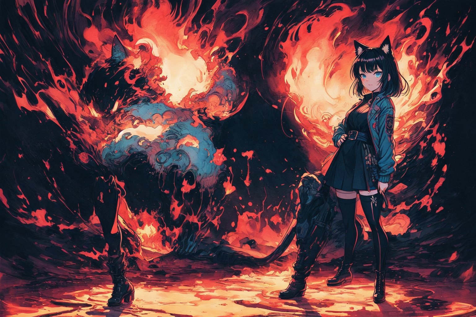 Official Art, Unity 8K Wallpaper, Extreme Detailed, Beautiful and Aesthetic, Masterpiece, Top Quality, perfect anatomy, 

1girl, solo, looking at viewer, short hair, bangs, blue eyes, black hair, thighhighs, long sleeves, dress, animal ears, standing, jacket, tail, full body, boots, black thighhighs, cat ears, black footwear, black dress, cat tail, hand on hip, shadow, pink theme, blue jacket, flames, 

a beautifully drawn (((ink illustration))) depicting, vintage, purple and yellow accents, watercolor painting, concept art, (best illustration), (best shadow), Analog Color Theme, vivid colours, contrast, smooth, sharp focus, scenery, 

(Pencil_Sketch:1.2,masterpiece, midjourney, best quality, incredibly absurdres, messy lines,high detail eyes,More Detail,perfect light,portrait, ,more detail XL,Ukiyo-e, ,ink