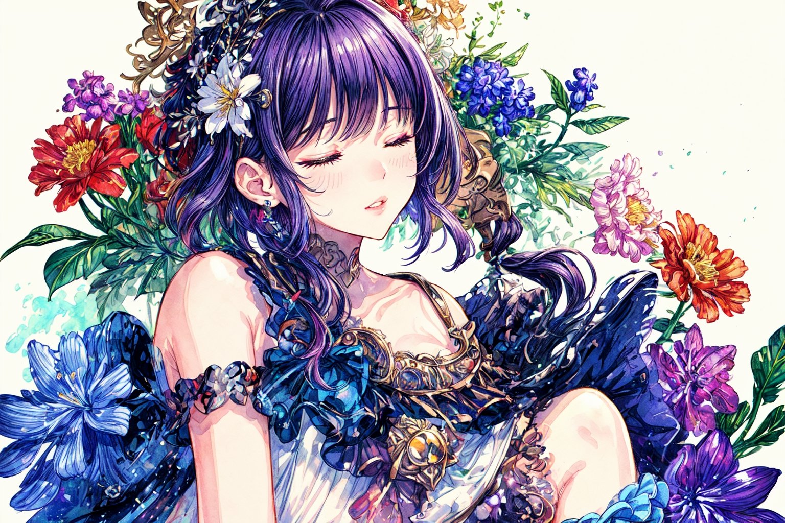 Official Art, Unity 8K Wallpaper, Extreme Detailed, Beautiful and Aesthetic, Masterpiece, Top Quality, perfect anatomy, 

1girl, solo, long hair, bangs, hair ornament, dress, jewelry, closed eyes, upper body, purple hair, flower, earrings, parted lips, hair flower, head tilt, book, eyelashes, makeup, halo, white flower, crescent, facing viewer, book stack, hyacinth, star_(sky), 

a beautifully drawn (((ink illustration))) depicting, vintage, RED and INDIGO accents, watercolor painting, concept art, (best illustration), (best shadow), Analog Color Theme, vivid colours, contrast, smooth, sharp focus, scenery, 

(Pencil_Sketch:1.2,masterpiece, midjourney, best quality, incredibly absurdres, messy lines,high detail eyes,More Detail,perfect light,portrait, 