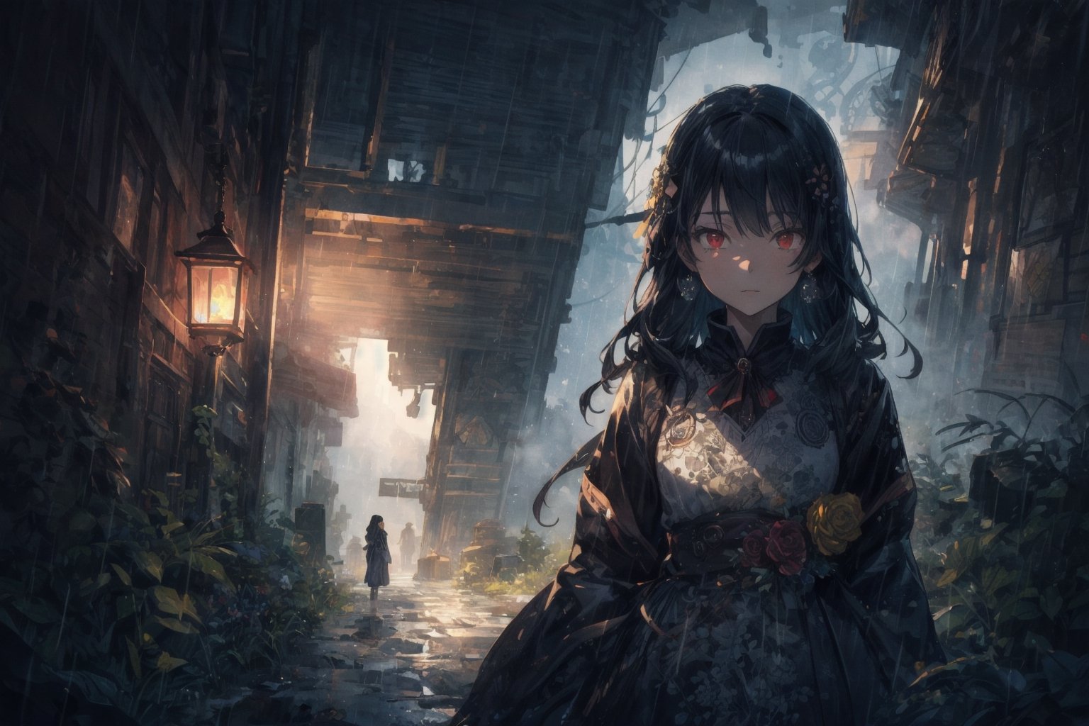 Official Art, Unity 8K Wallpaper, Extreme Detailed, Beautiful and Aesthetic, Masterpiece, Top Quality, perfect anatomy, 

1girl, solo, long hair, looking at viewer, black hair, red eyes, jewelry, flower, umbrella, gears, indigo theme, plateau, rainy day, fog,

a beautifully drawn (((ink illustration))) depicting, vintage, purple and yellow accents, watercolor painting, concept art, (best illustration), (best shadow), Analog Color Theme, vivid colours, contrast, smooth, sharp focus, scenery, 

(Pencil_Sketch:1.2,masterpiece, midjourney, best quality, incredibly absurdres, messy lines,high detail eyes,More Detail,perfect light,portrait, 