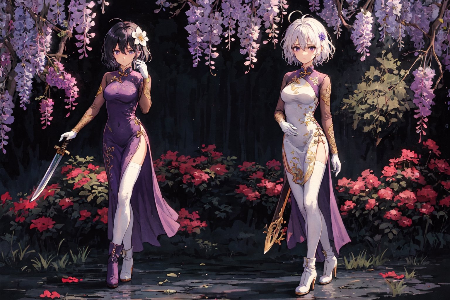 1girl, solo, looking at viewer, short hair, hair ornament, gloves, long sleeves, dress, holding, hair between eyes, closed mouth, standing, purple eyes, full body, weapon, wisteria flowers, ahoge, white hair, black pantyhose, multicolored hair, boots, sword, hair flower, holding weapon, armor, high heels, holding sword, cheongsam, china dress, whiie dress with violet pattern, ink painting,(Pencil_Sketch:1.2