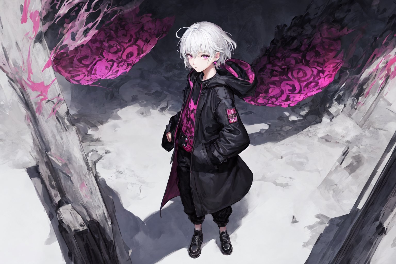 Official Art, Unity 8K Wallpaper, Extreme Detailed, Beautiful and Aesthetic, Masterpiece, Top Quality, perfect anatomy, 

solo, looking at viewer, short hair, bangs, long sleeves, 1boy, jewelry, closed mouth, standing, purple eyes, jacket, full body, white hair, multicolored hair, earrings, pants, hood, pink eyes, black footwear, coat, sleeves past wrists, from above, hood down, magenta theme, candy rain, 

a beautifully drawn (((ink illustration))) depicting, vintage, purple and yellow accents, watercolor painting, concept art, (best illustration), (best shadow), Analog Color Theme, vivid colours, contrast, smooth, sharp focus, scenery, 

(Pencil_Sketch:1.2,masterpiece, midjourney, best quality, incredibly absurdres, messy lines,high detail eyes,More Detail,perfect light,portrait, 