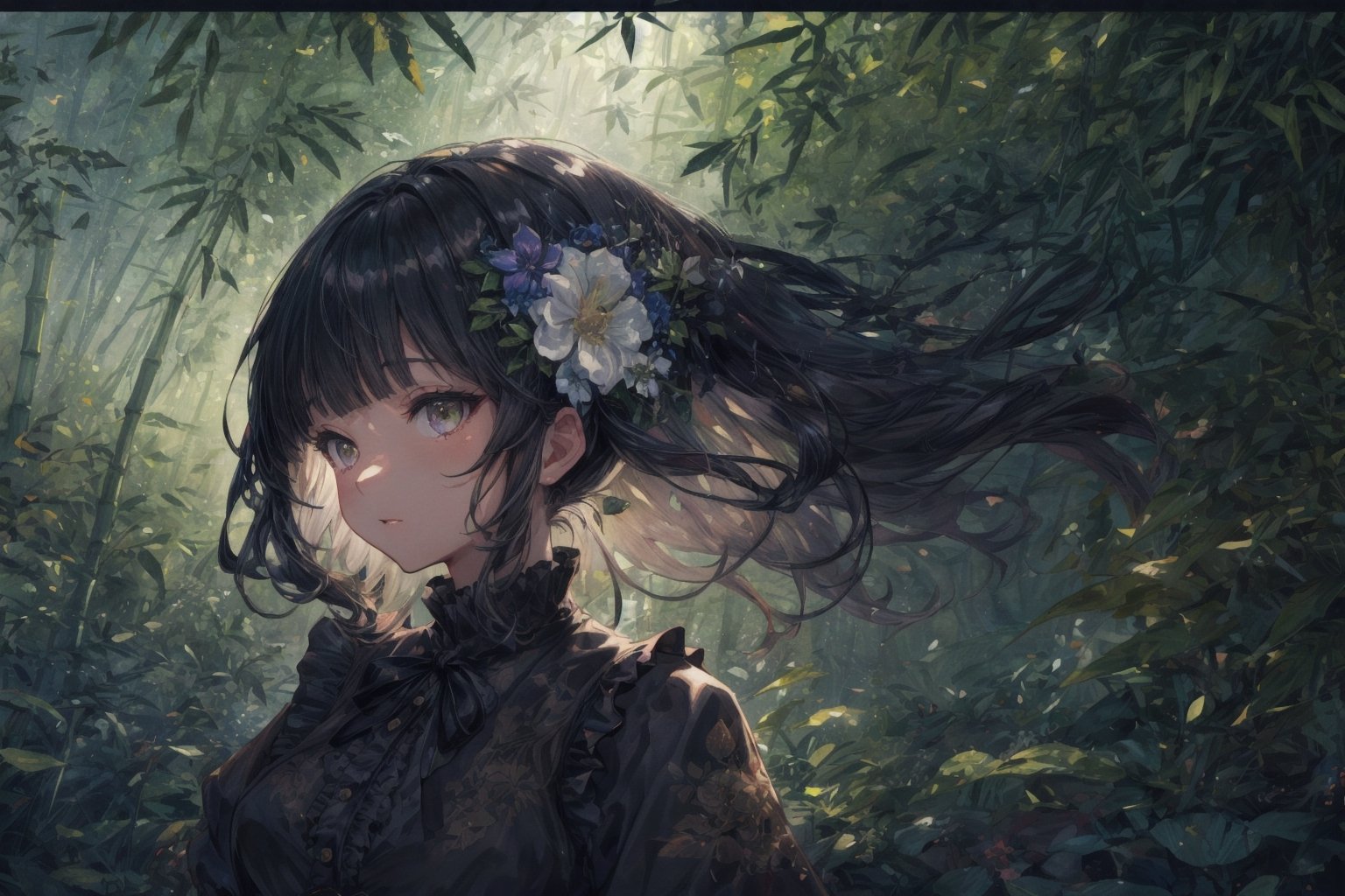 Official Art, Unity 8K Wallpaper, Extreme Detailed, Beautiful and Aesthetic, Masterpiece, Top Quality, perfect anatomy, 

1girl, solo, long hair, bangs, hair ornament, long sleeves, dress, very long hair, flower, frills, hair flower, wide sleeves, blunt bangs, black dress, floral print, absurdly long hair, green theme, green ribbon, bamboo forest, falling leaves

a beautifully drawn (((ink illustration))) depicting, vintage, PURPLE and YELLOW accents, watercolor painting, concept art, (best illustration), (best shadow), Analog Color Theme, vivid colours, contrast, smooth, sharp focus, scenery, 

(Pencil_Sketch:1.2,masterpiece, midjourney, best quality, incredibly absurdres, messy lines,high detail eyes,More Detail,perfect light,portrait, 