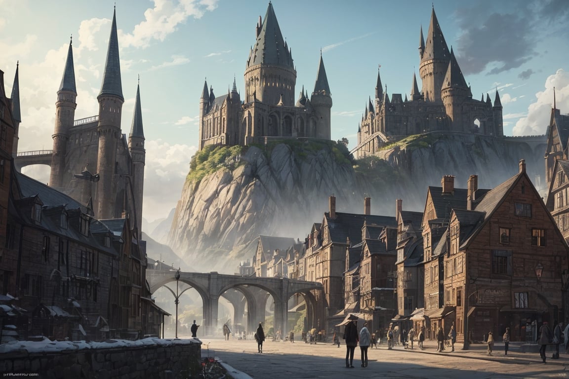 In the enchanting realm of the Wizarding World of Harry Potter, a breathtakingly magical land unfolds before our eyes. This extraordinary image, captured in a meticulously crafted painting, showcases a sprawling landscape rich with vibrant colors and fantastical elements. Majestic castles and bustling streets fill the scene, bustling with both wizards and enchanting creatures. Evoking a sense of awe and wonder, this stunning artwork effortlessly transports viewers into the extraordinary world of Harry Potter, where imagination knows no bounds,(best quality,