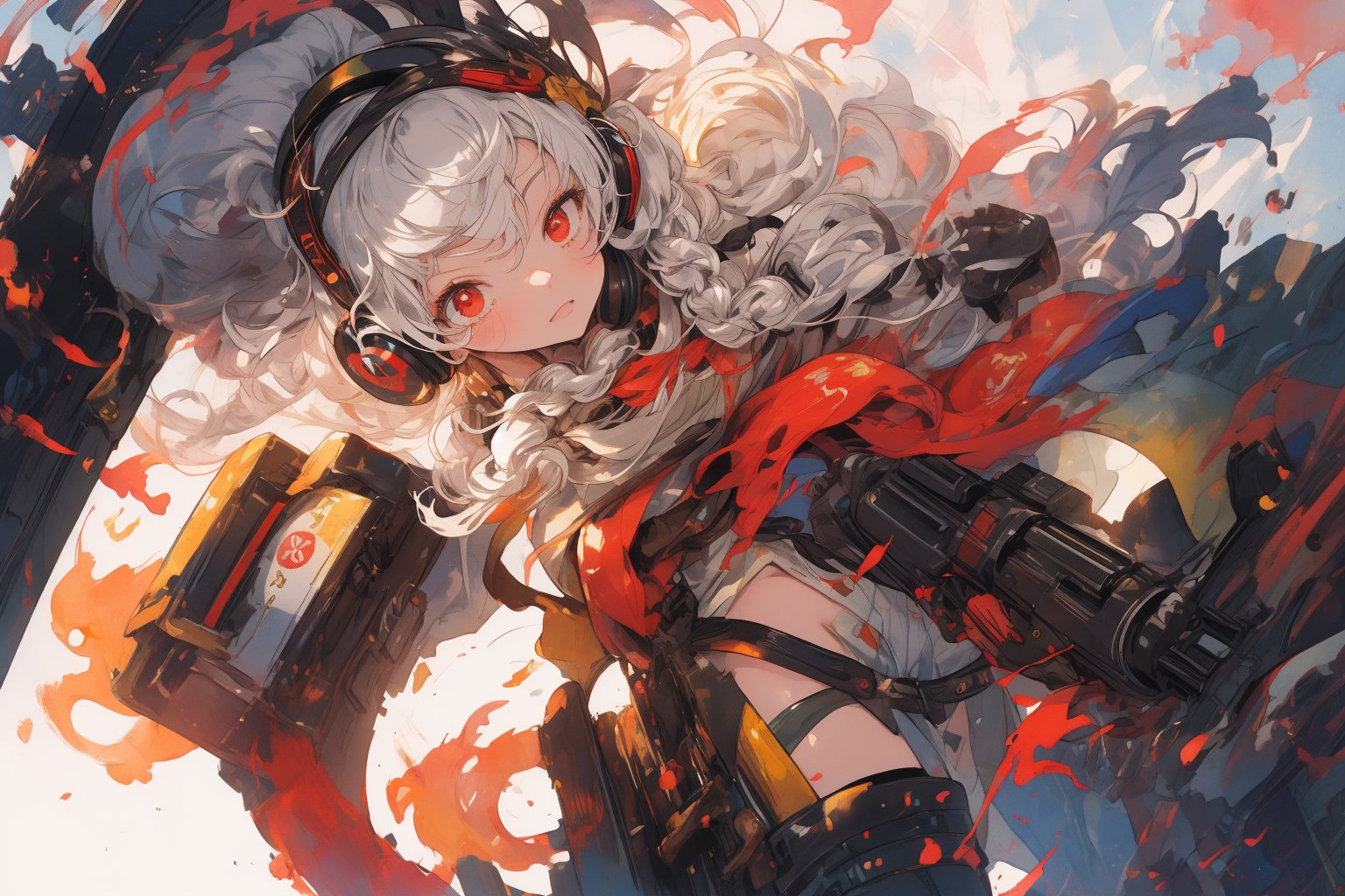 Official Art, Unity 8K Wallpaper, Extreme Detailed, Beautiful and Aesthetic, Masterpiece, Top Quality, perfect anatomy, 

1girl, solo, long hair, red eyes, thighhighs, weapon, braid, white hair, twin braids, gun, glowing, headphones, gatling gun, brown theme, woods, dusty,

a beautifully drawn (((ink illustration))) depicting, vintage, brown and green accents, watercolor painting, concept art, (best illustration), (best shadow), Analog Color Theme, vivid colours, contrast, smooth, sharp focus, scenery, 

(Pencil_Sketch:1.2,masterpiece, midjourney, best quality, incredibly absurdres, messy lines,high detail eyes,More Detail,perfect light,portrait, ,more detail XL,Ukiyo-e, ,ink,colorful,samurai