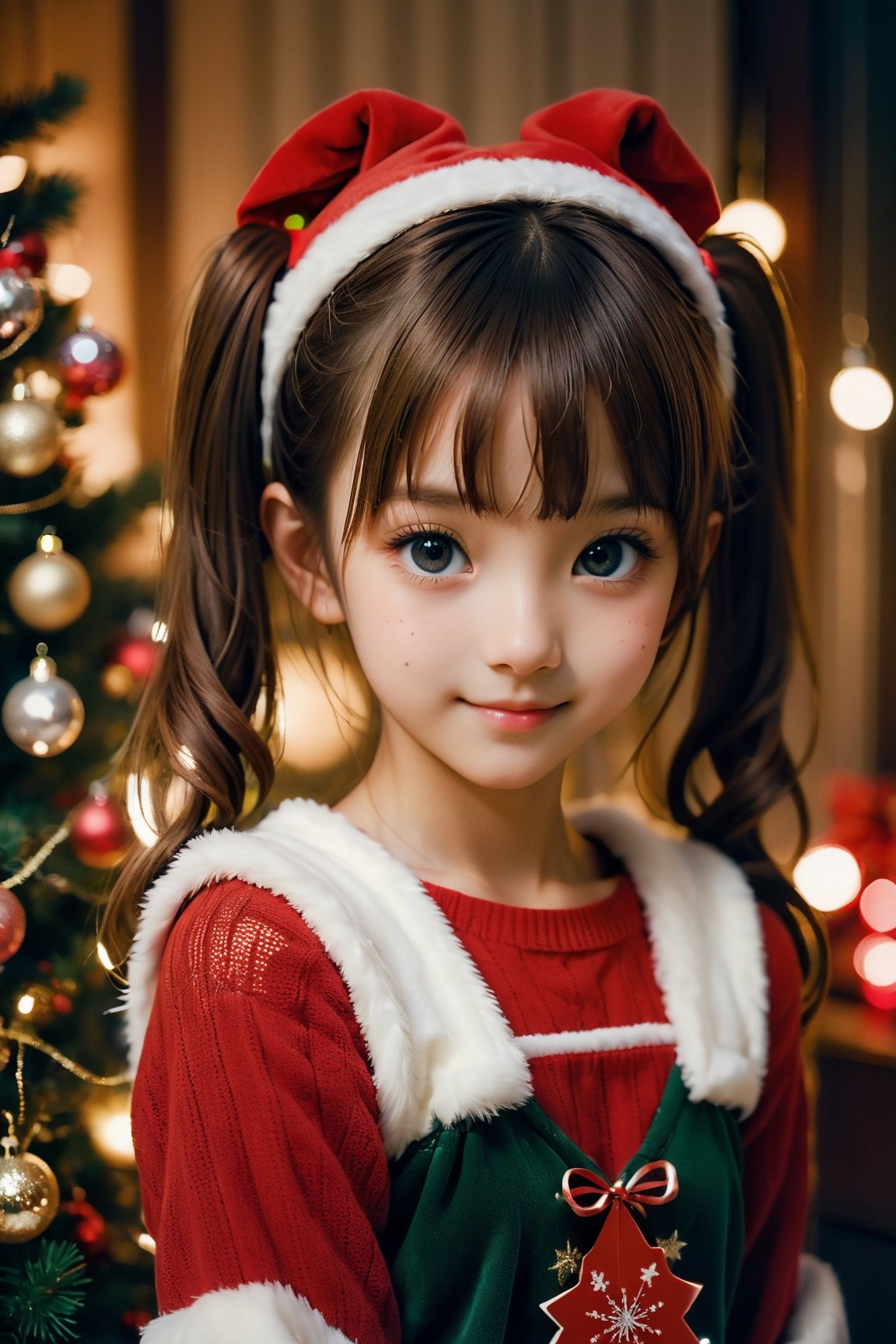 10 year old girl, warm room, Christmas decorations, deep photo, depth of field, Superia 400, shadows, Japanese girl, ((bangs)), twin tails, perfect face and body, dark, night, dark photo, grainy, ((happy, smiling: 1.4)), detailed eyes, symmetrical eyes, ((very young)), leaky boobs, FilmGirl, (winter clothes: 1.4)), small boobs, skinny body, cutegirlmix, Christmas tree, Young look, unique masterpiece, ((with gift box: 1.4)), 3d cartoon style