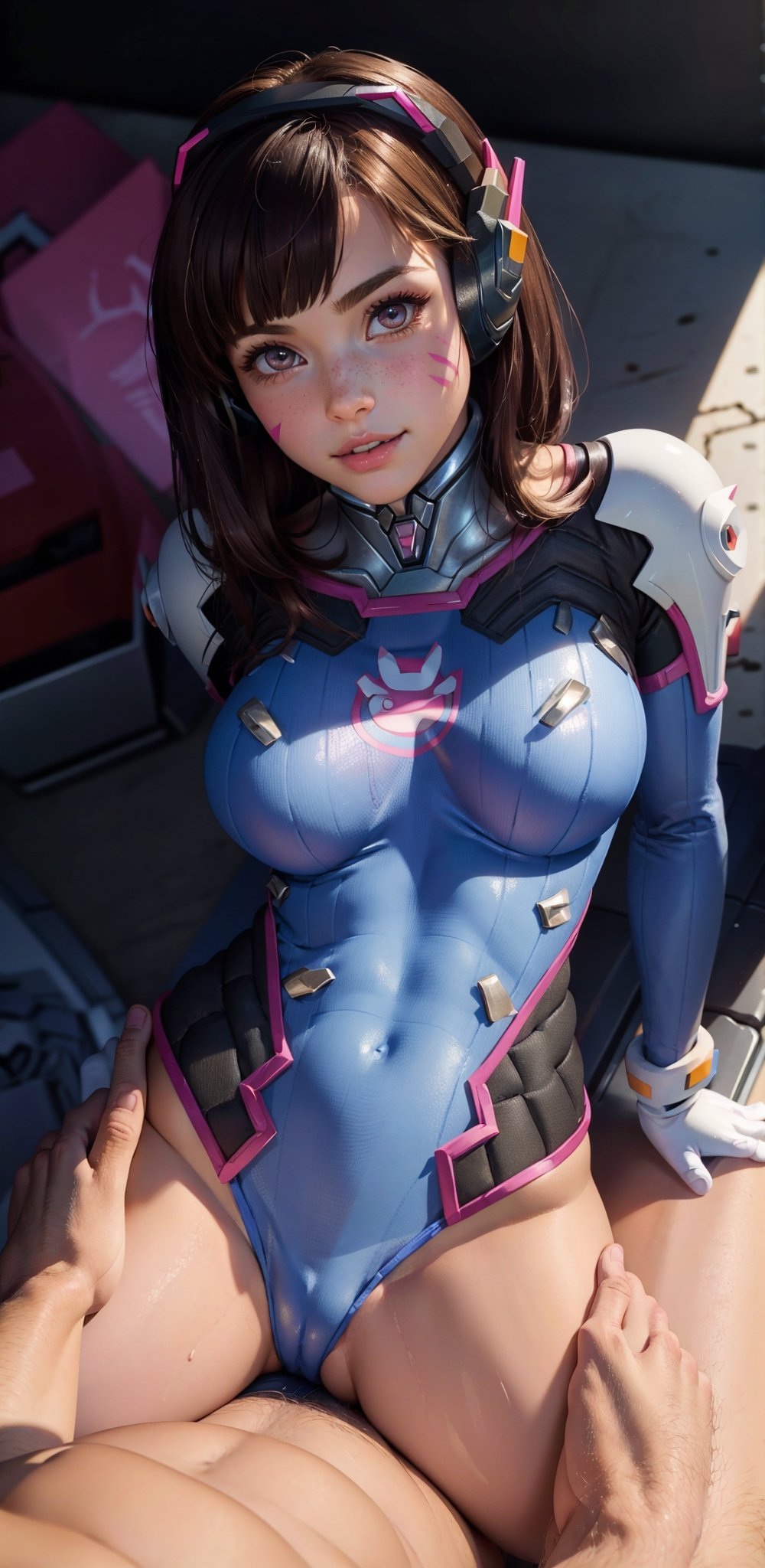 (Teen girl:1.3), (caucasian girl:1.3), ((extremely beautiful and sexy girl)), (godess hot girl), hand on hip, looking at viewer, cowboy shot, d.va (overwatch), aahana, headphone, ((whisker markings)), shoulder pads, blue bodysuit, ribbed bodysuit, animal print, clothes writing, long sleeves, (white gloves), short brown hair, pixie haircut, seducing brown eyes, looking at viewer, freckles, smile, (cheeky), blushed, parted lips, (glossy lips:1.3), (gigantic breasts:1.3), wide hips, well sunlit, (masterpiece:1.5), (intricate details), best quality, (high resolution), (unity 8k wallpaper), (illustration:0.8), (beautiful detailed eyes:1.6), (extremely detailed face), (perfect lighting), (extremely detailed CG), ((perfect hands, perfect anatomy)),vaginal